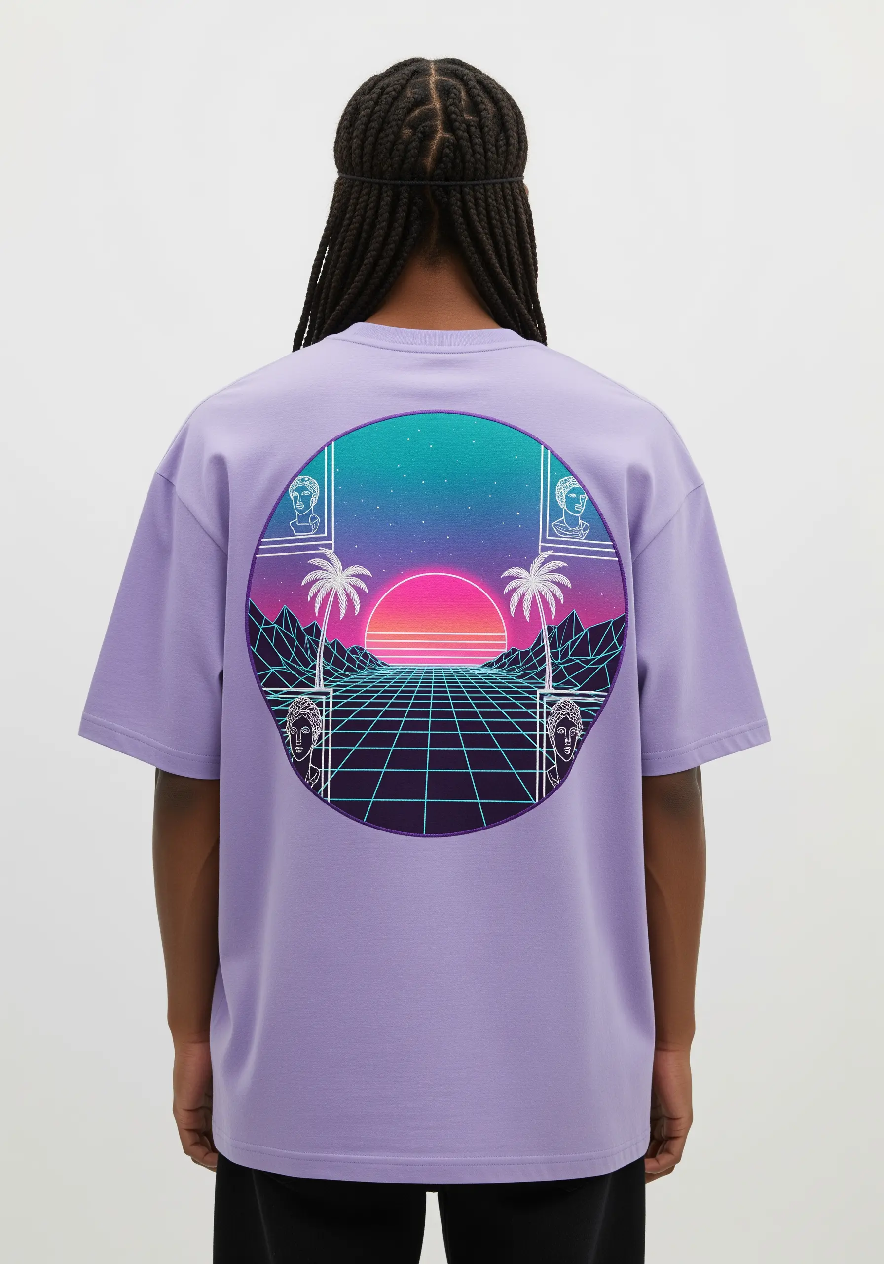 A vaporwave-style sunset with a grid and palm trees embroidered on a purple t-shirt.