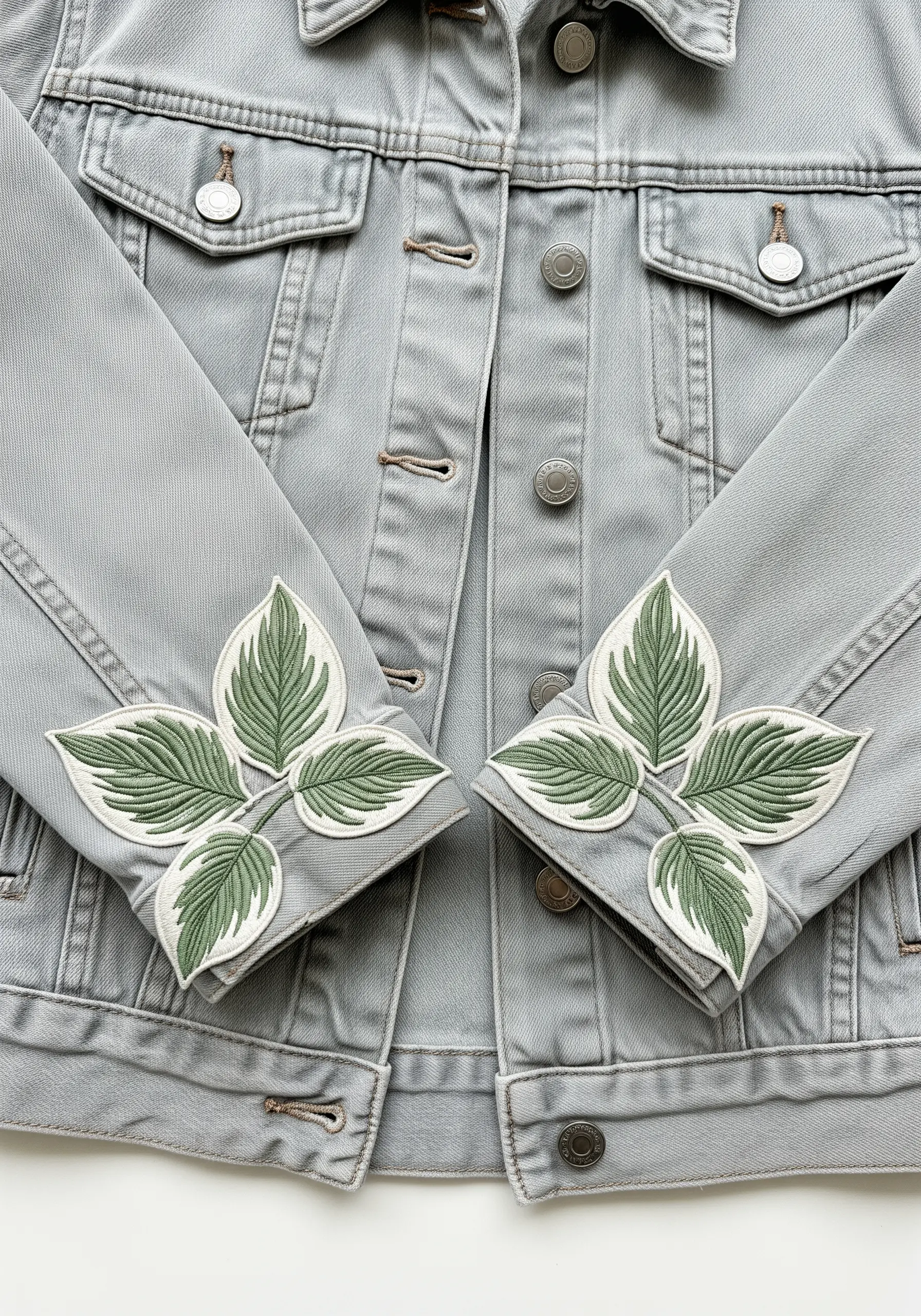 Symmetrical variegated leaves with white edges embroidered on jacket cuffs.