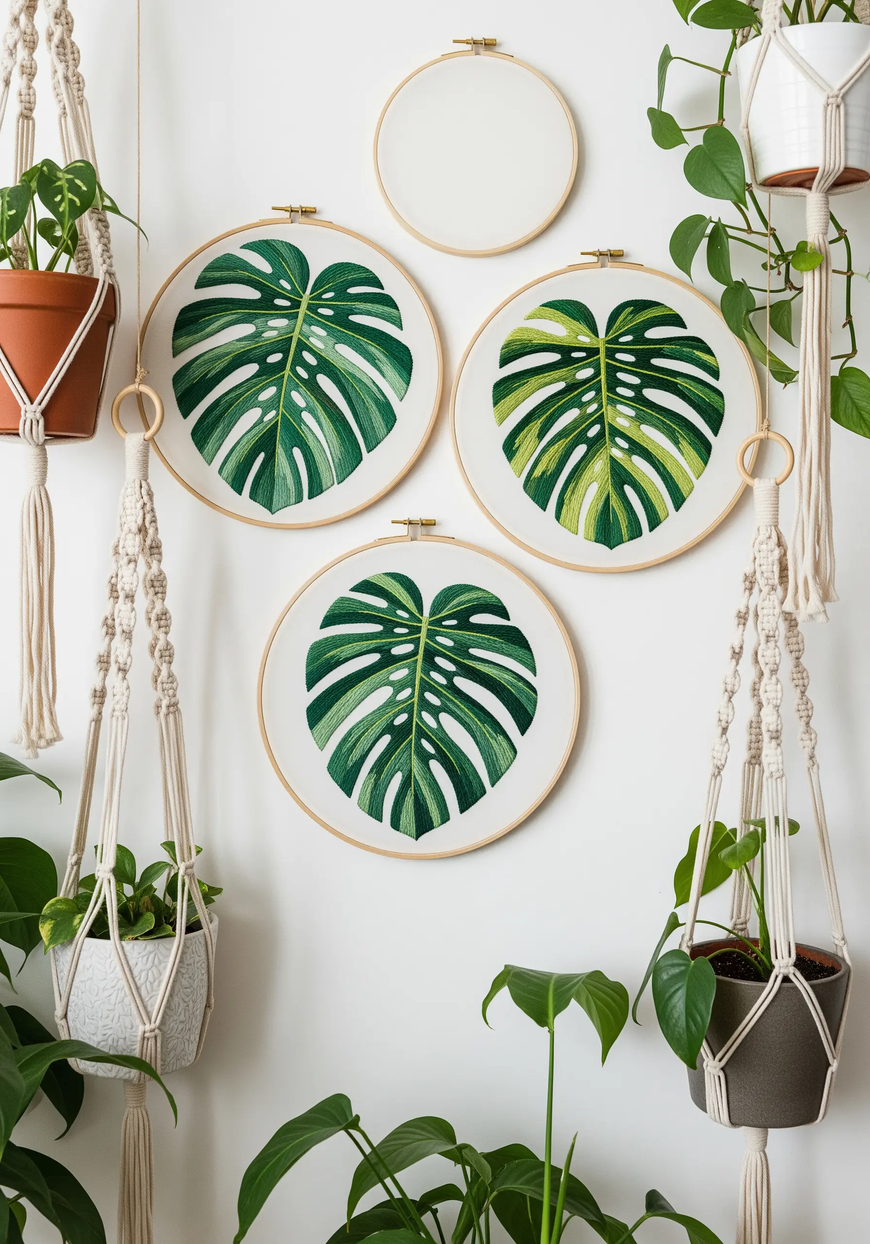 A trio of embroidery hoops, each featuring a detailed, thread-painted Monstera leaf with green variegation.