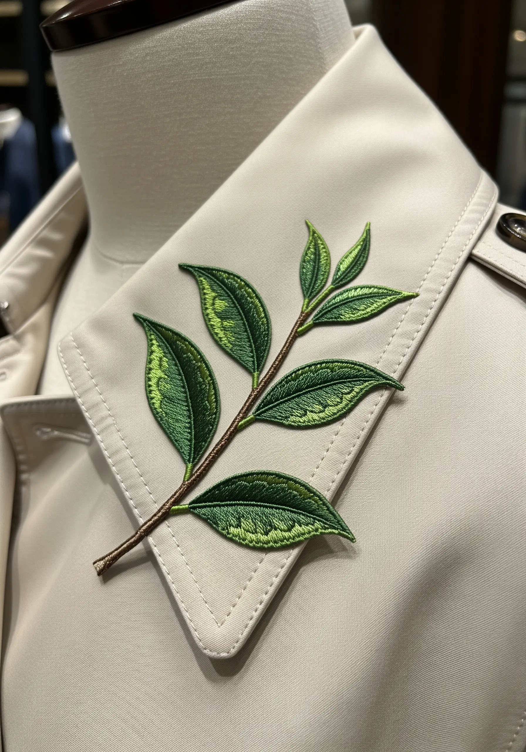 A branch of realistic, variegated tea leaves embroidered on a trench coat collar.