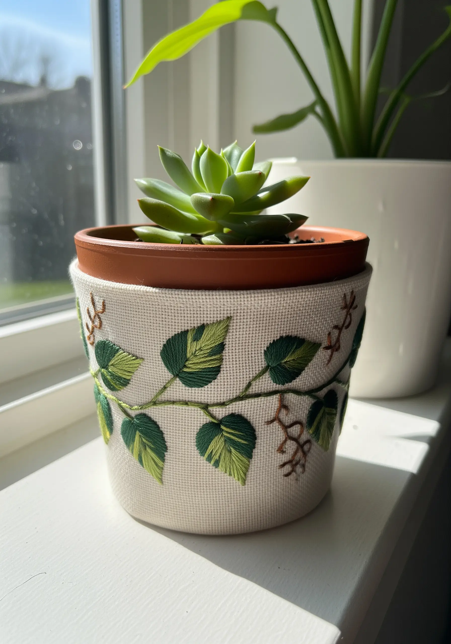 A fabric plant pot cover embroidered with variegated green leaves.