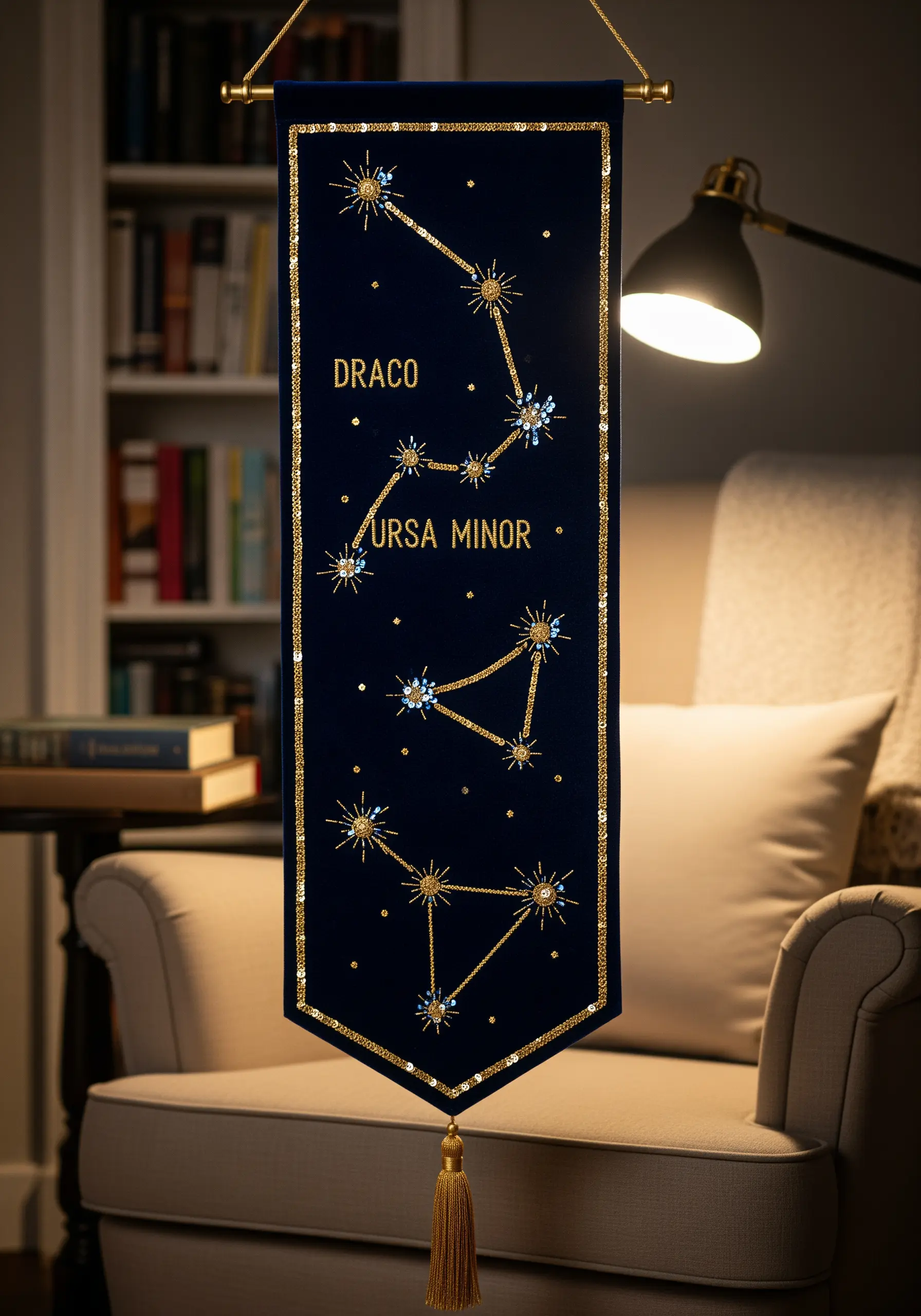 Gold thread and bead embroidery of constellations on a navy velvet banner.