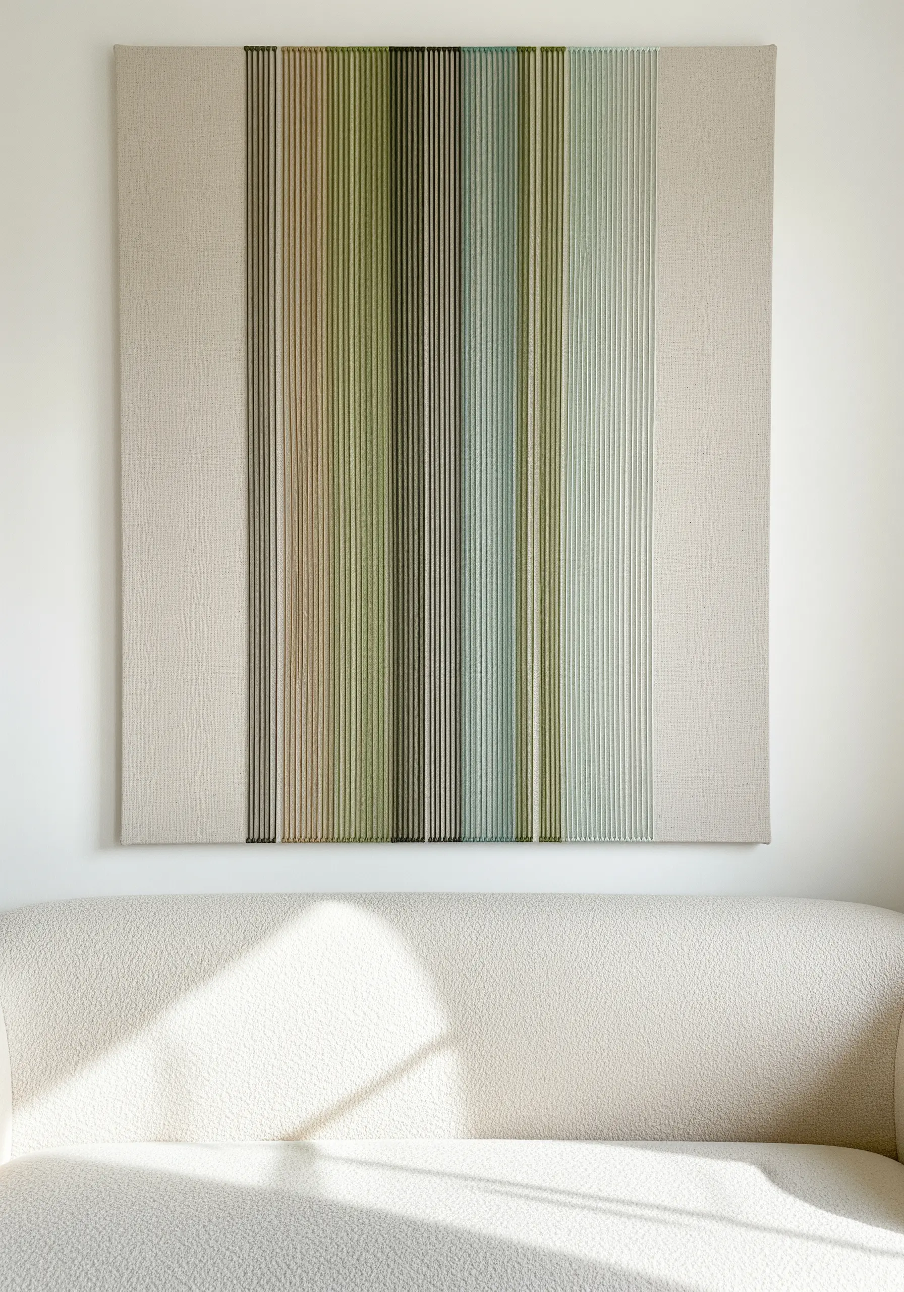 Large canvas with vertical stitched lines in a gradient of green, teal, and brown hues.