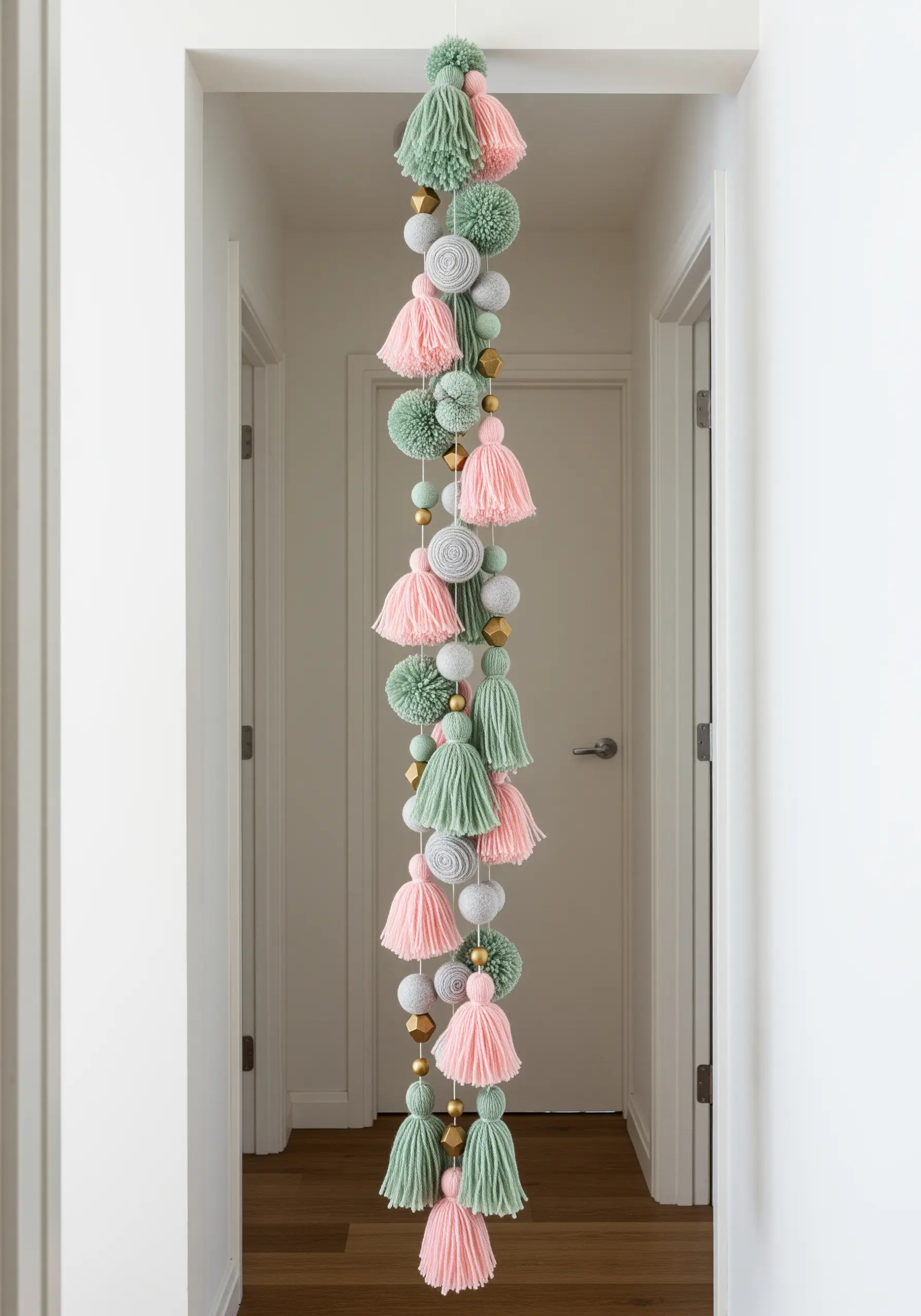 A long, vertical garland of pink and mint tassels, pom-poms, and gold beads.