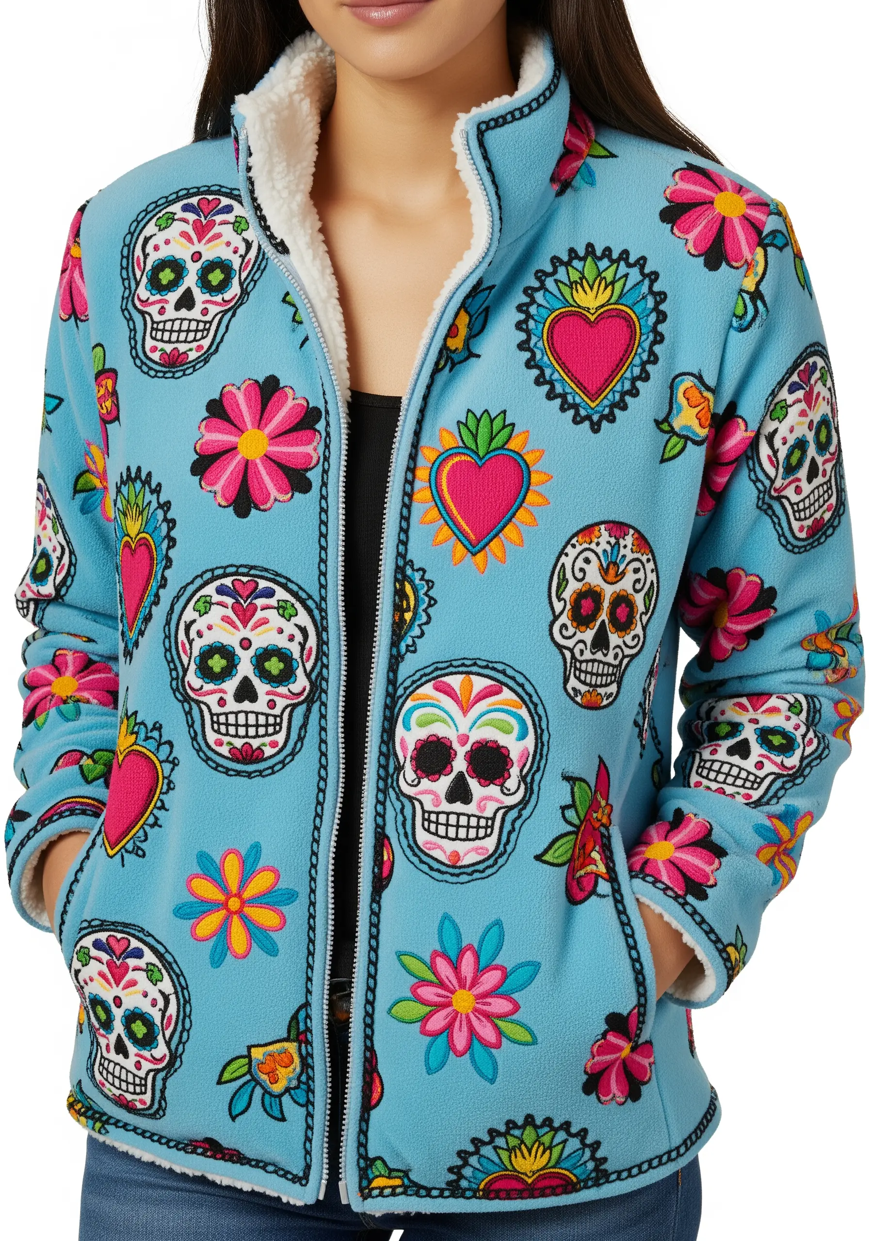 All-over pattern of colorful embroidered Día de los Muertos sugar skulls on a blue jacket.