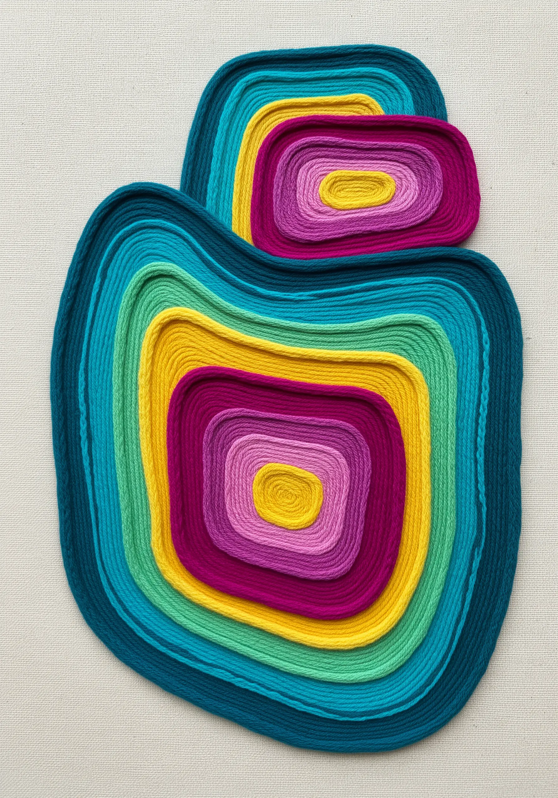 Layered abstract shapes in vibrant teal, yellow, and magenta yarn.