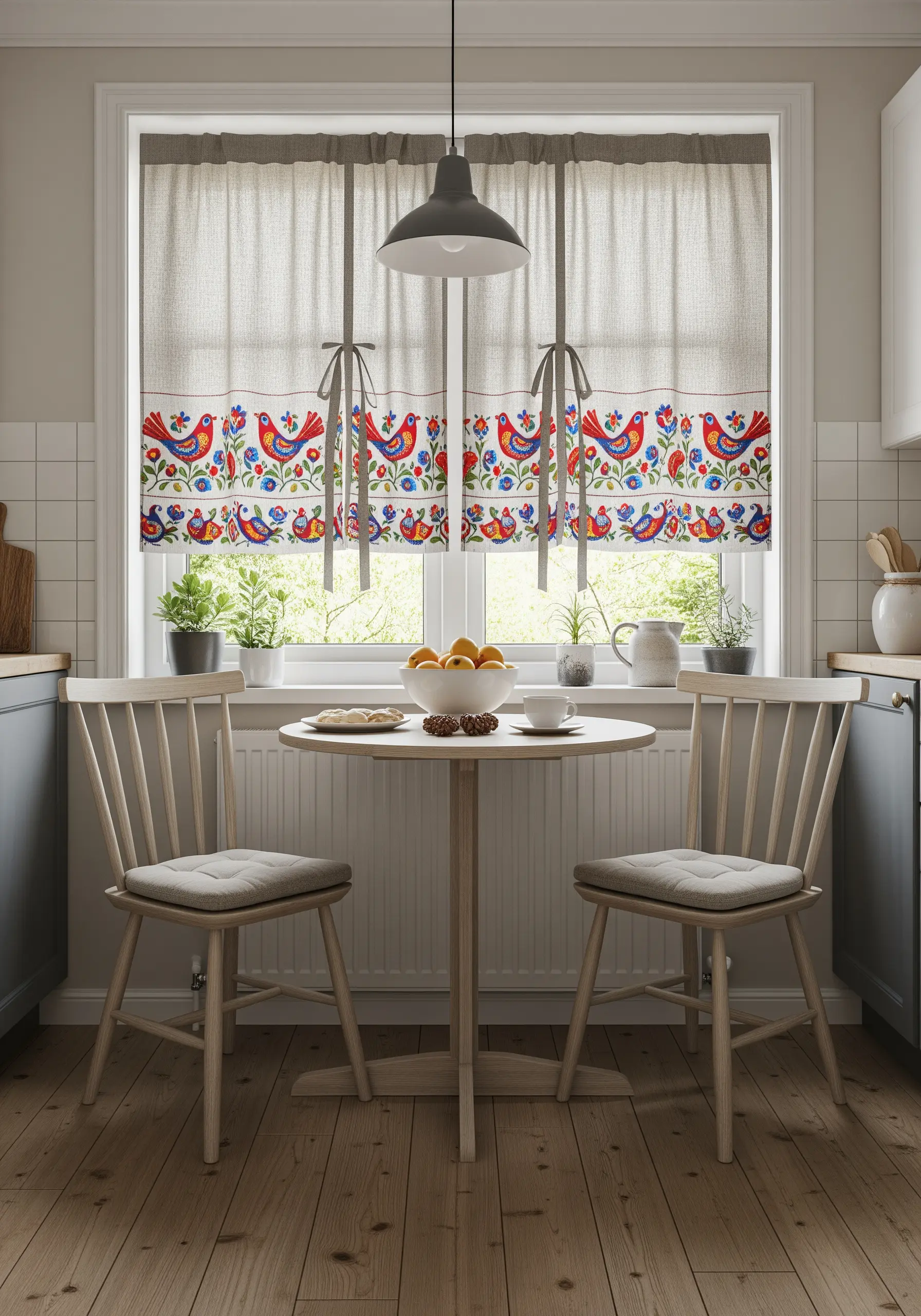 Colorful folk-art embroidery of birds and florals on a kitchen café curtain.