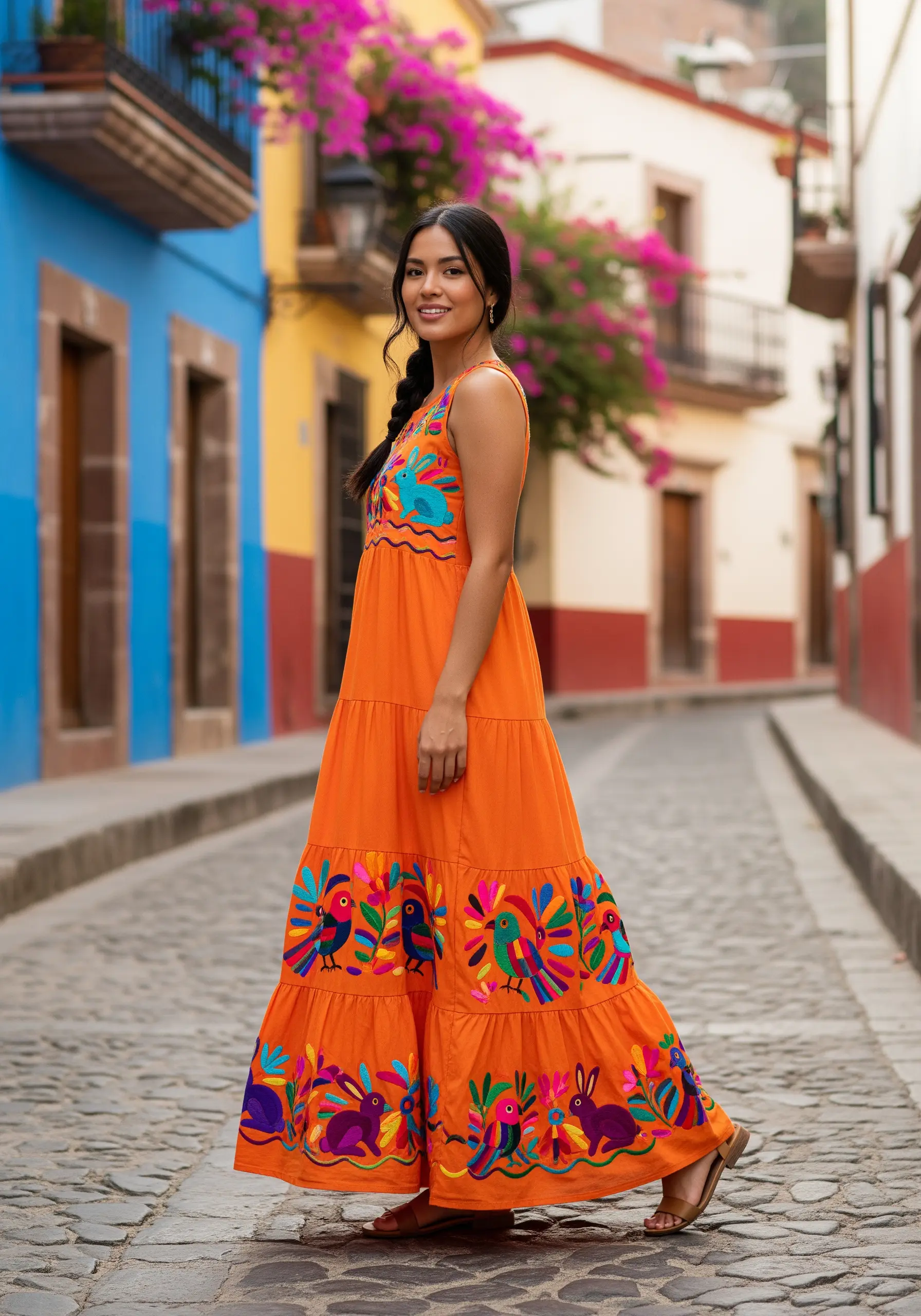 Colorful Otomi-style folk art embroidery of birds and rabbits on an orange tiered maxi dress.