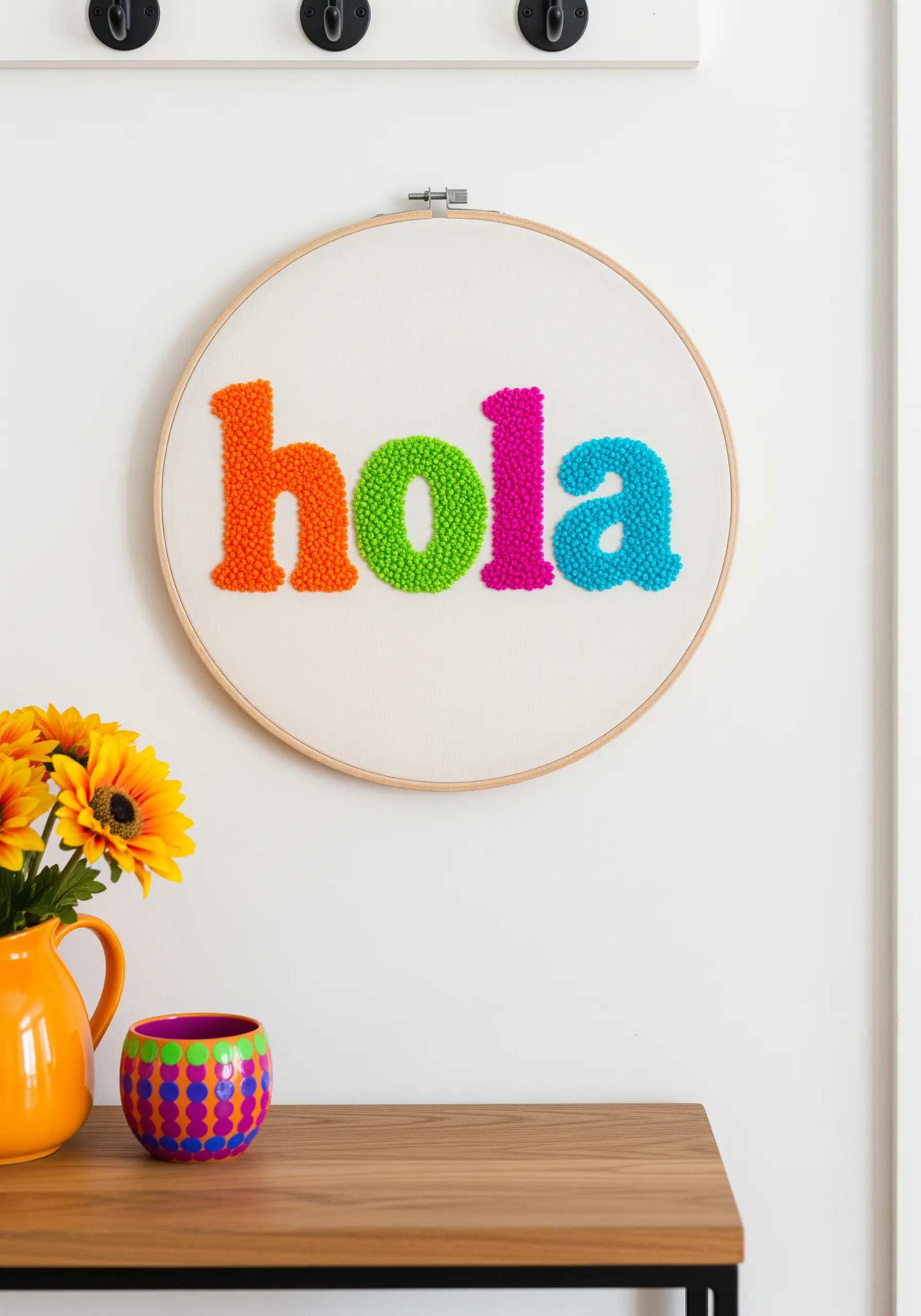The word 'hola' in colorful, textured punch needle embroidery in a large hoop.