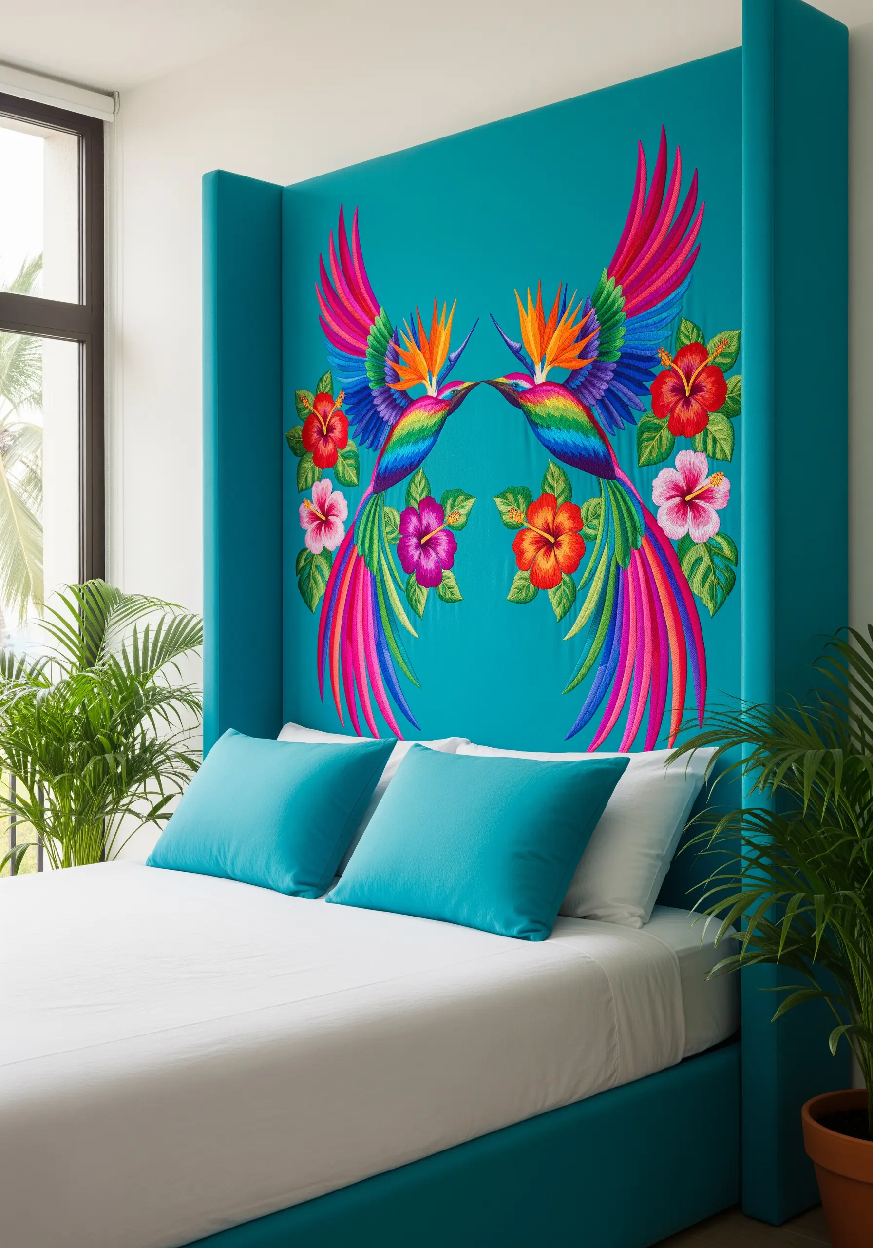 Vibrantly colored tropical birds and hibiscus flowers embroidered on a turquoise headboard.