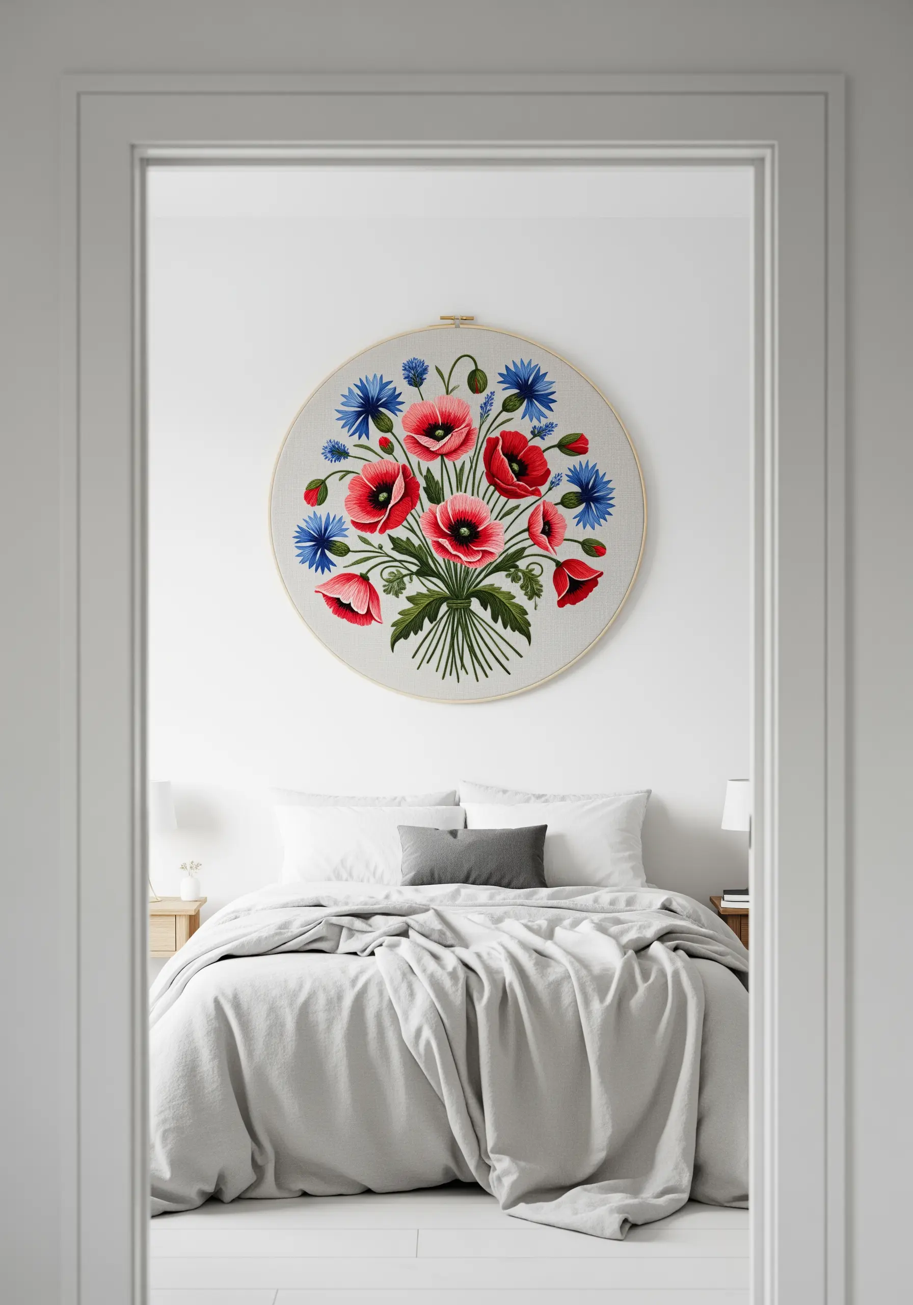 Large hoop art above a bed featuring a vibrant bouquet of red poppies and blue cornflowers.