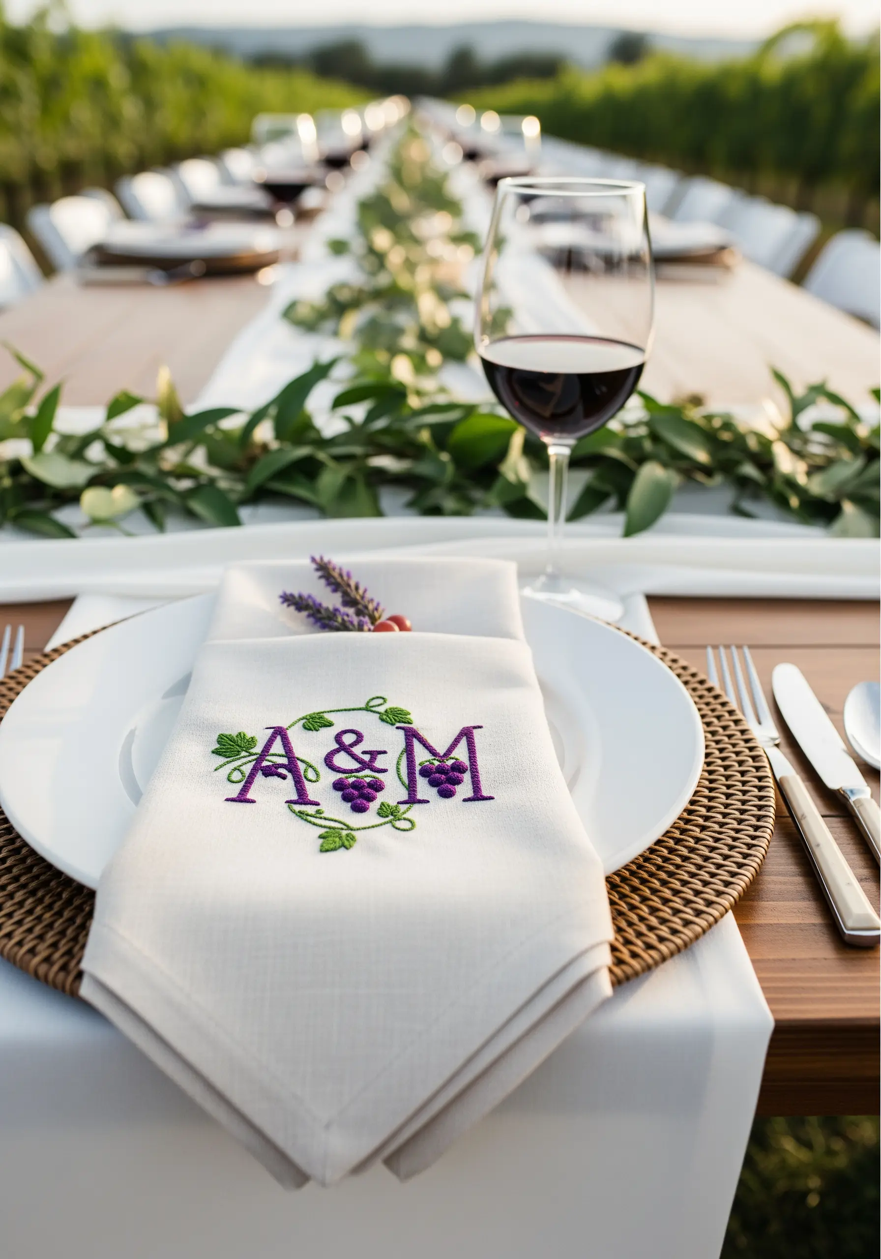 An 'A&M' monogram on a linen napkin, adorned with embroidered grapes and green vines.