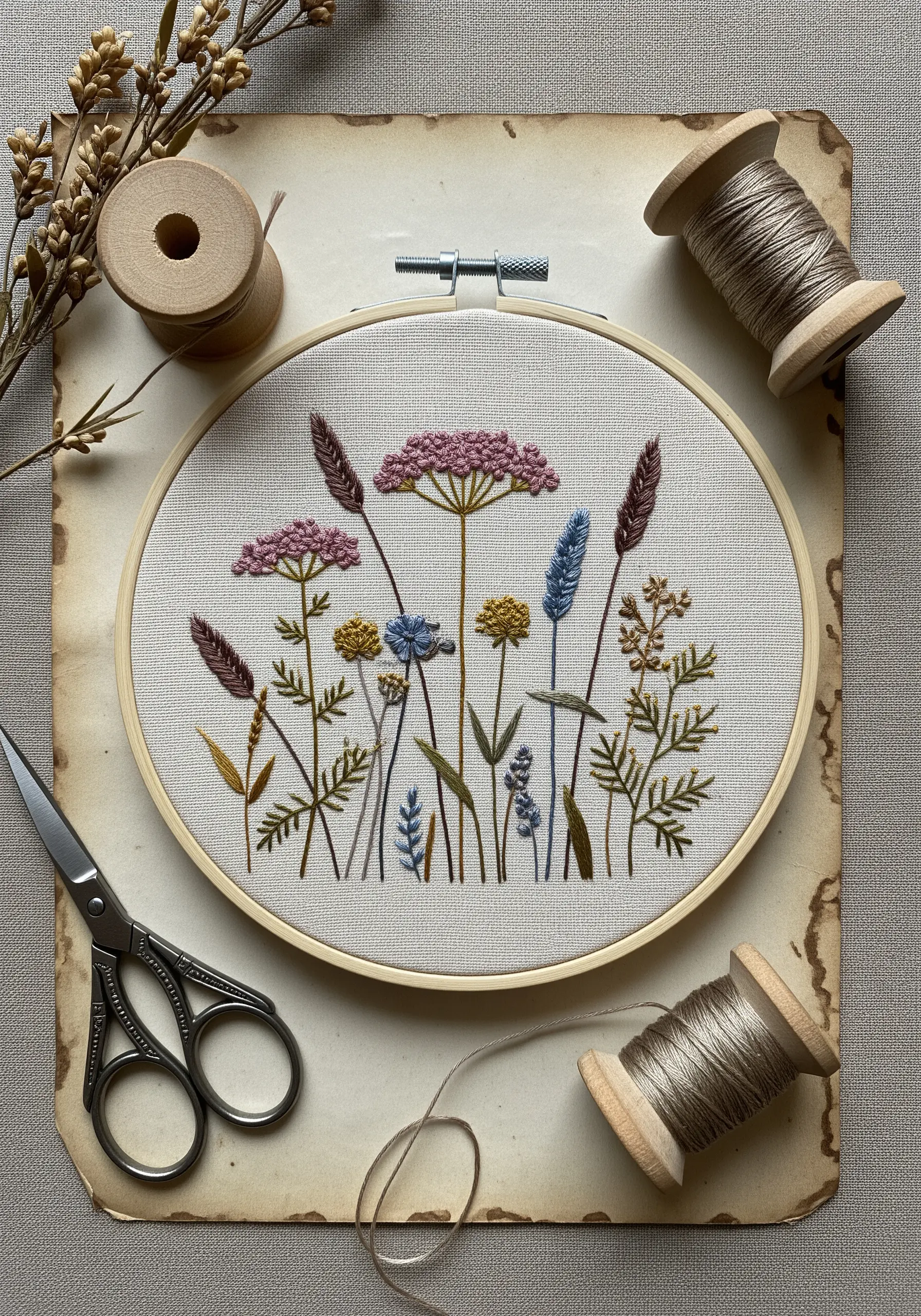Embroidery of wildflowers in muted, dusty tones on off-white fabric, styled with vintage spools.