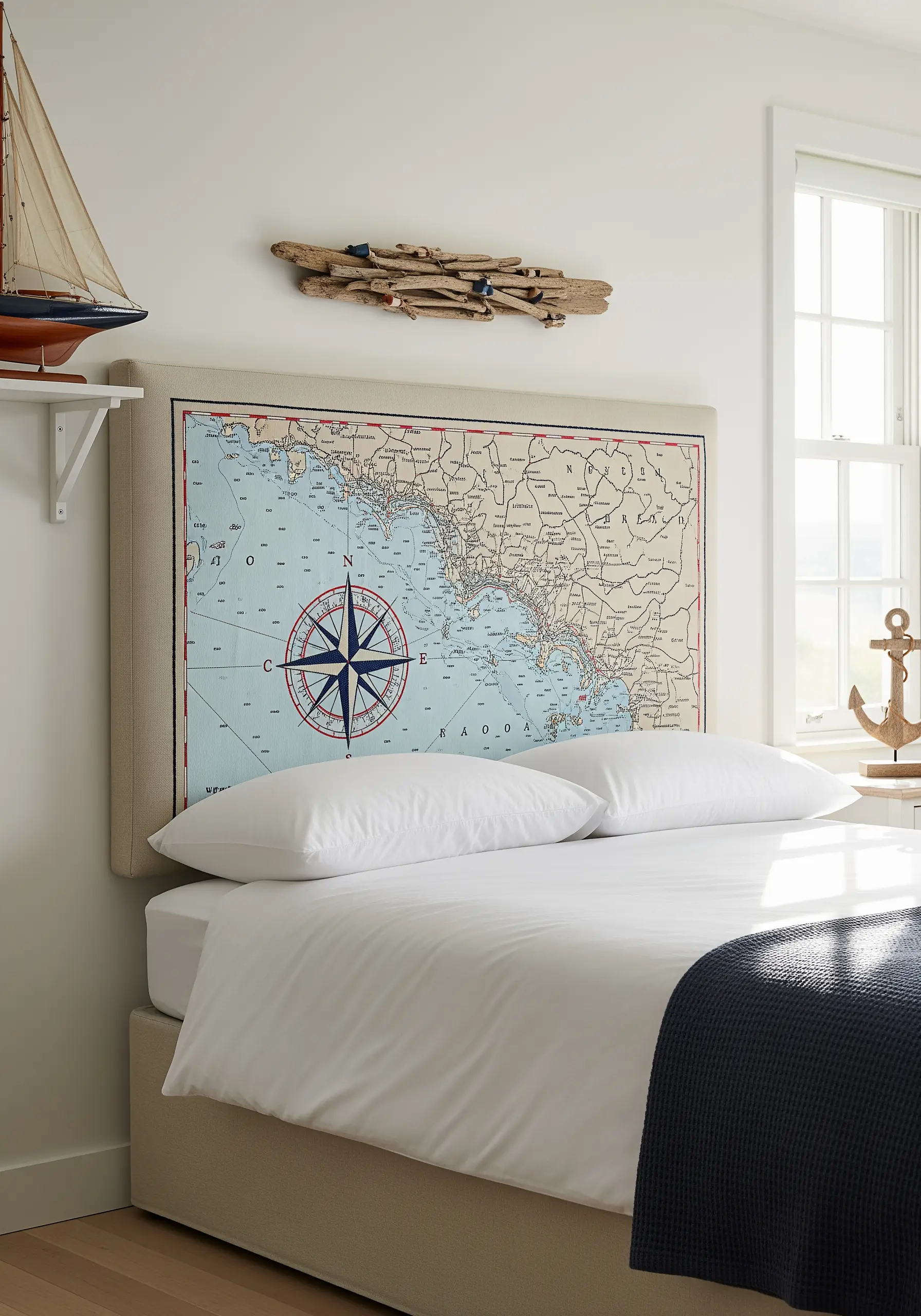 A vintage nautical map embroidered with fine-line backstitch onto a linen headboard.