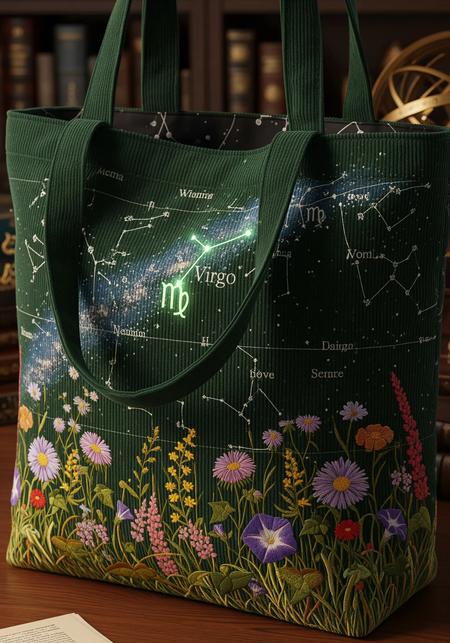 Virgo constellation embroidered over a galaxy print on a corduroy tote, with a wildflower garden below.