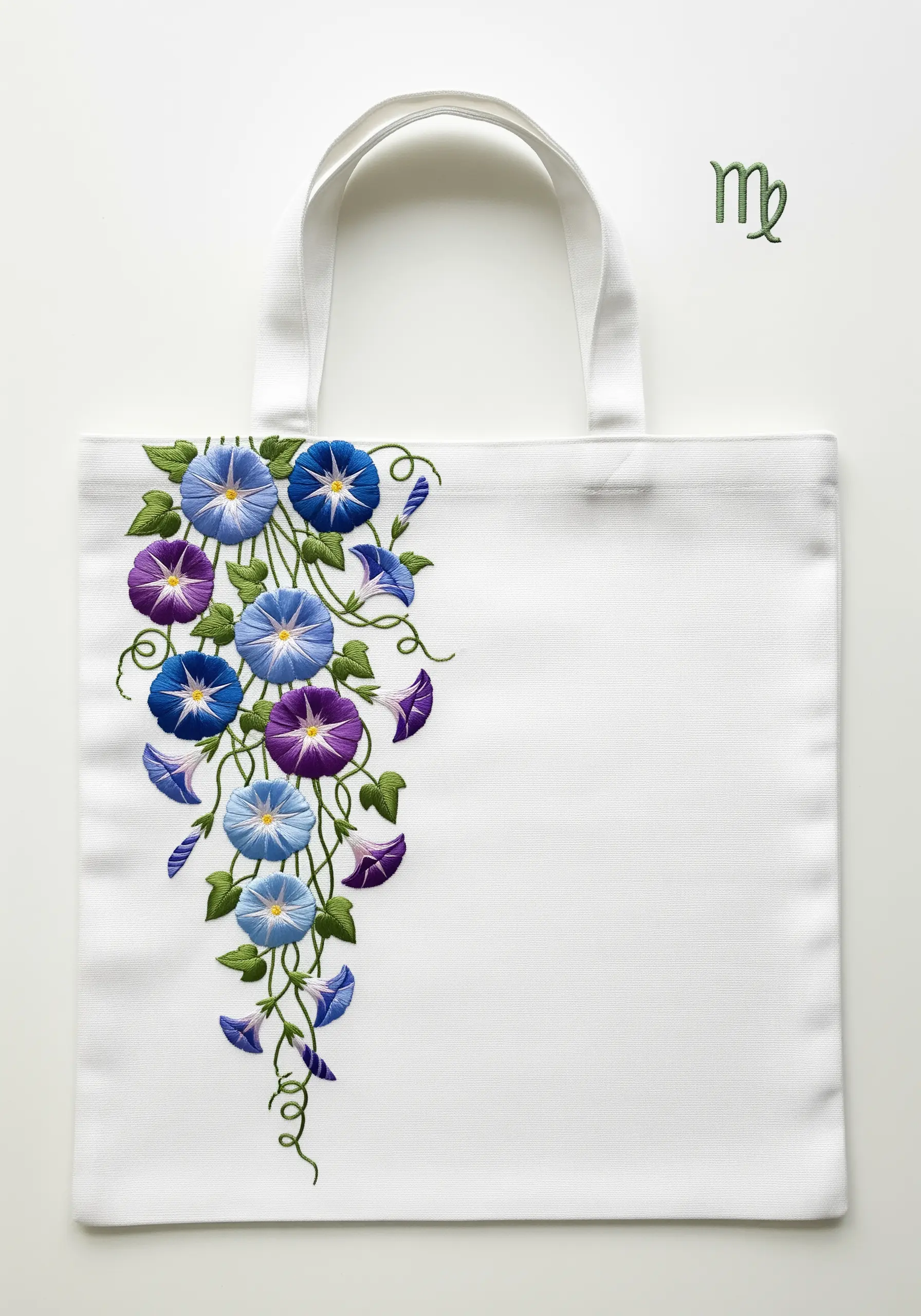 A cascade of blue and purple morning glory flowers embroidered down the left side of a white tote.