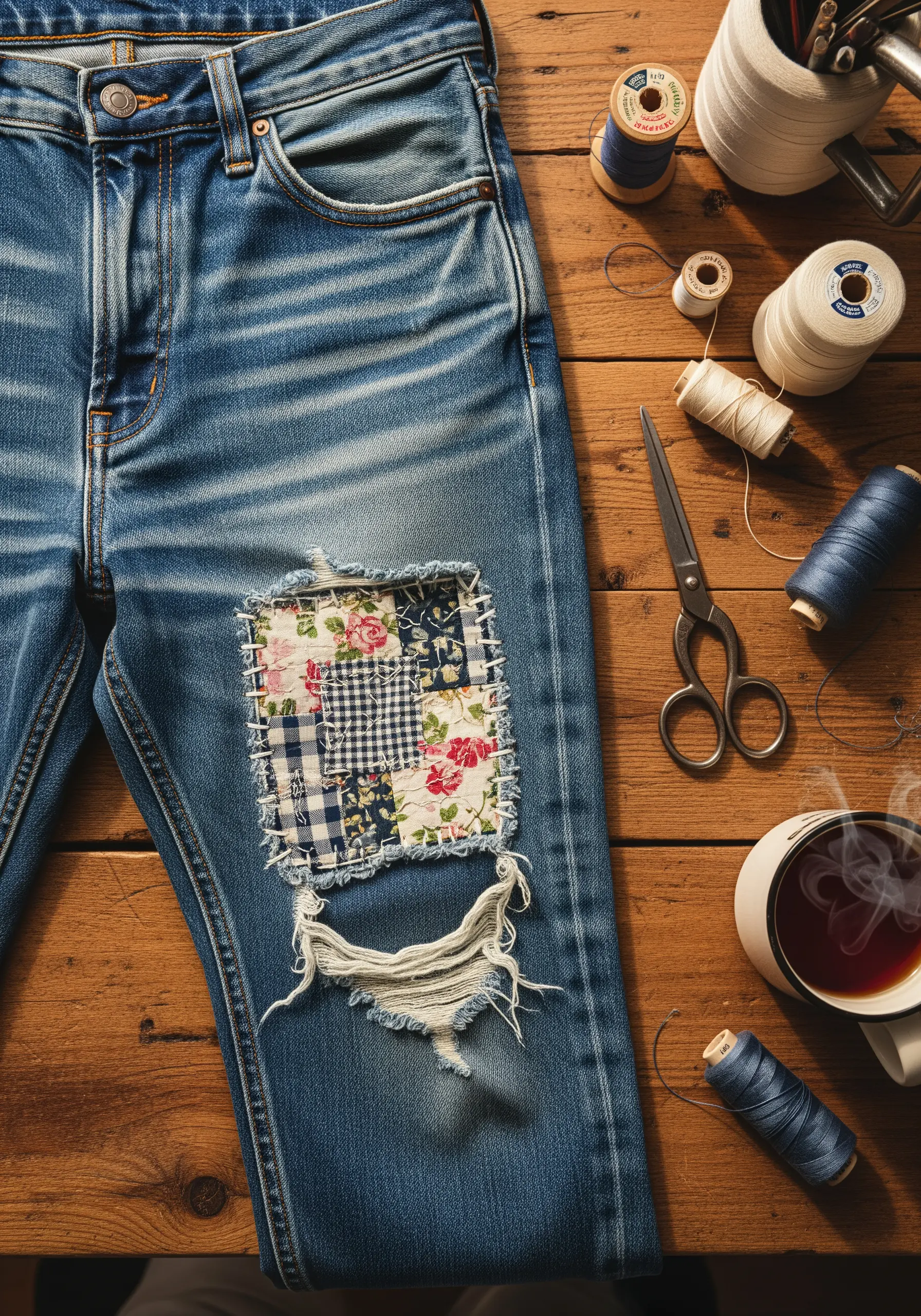 Patchwork fabric mending on ripped denim jeans with visible running stitches.