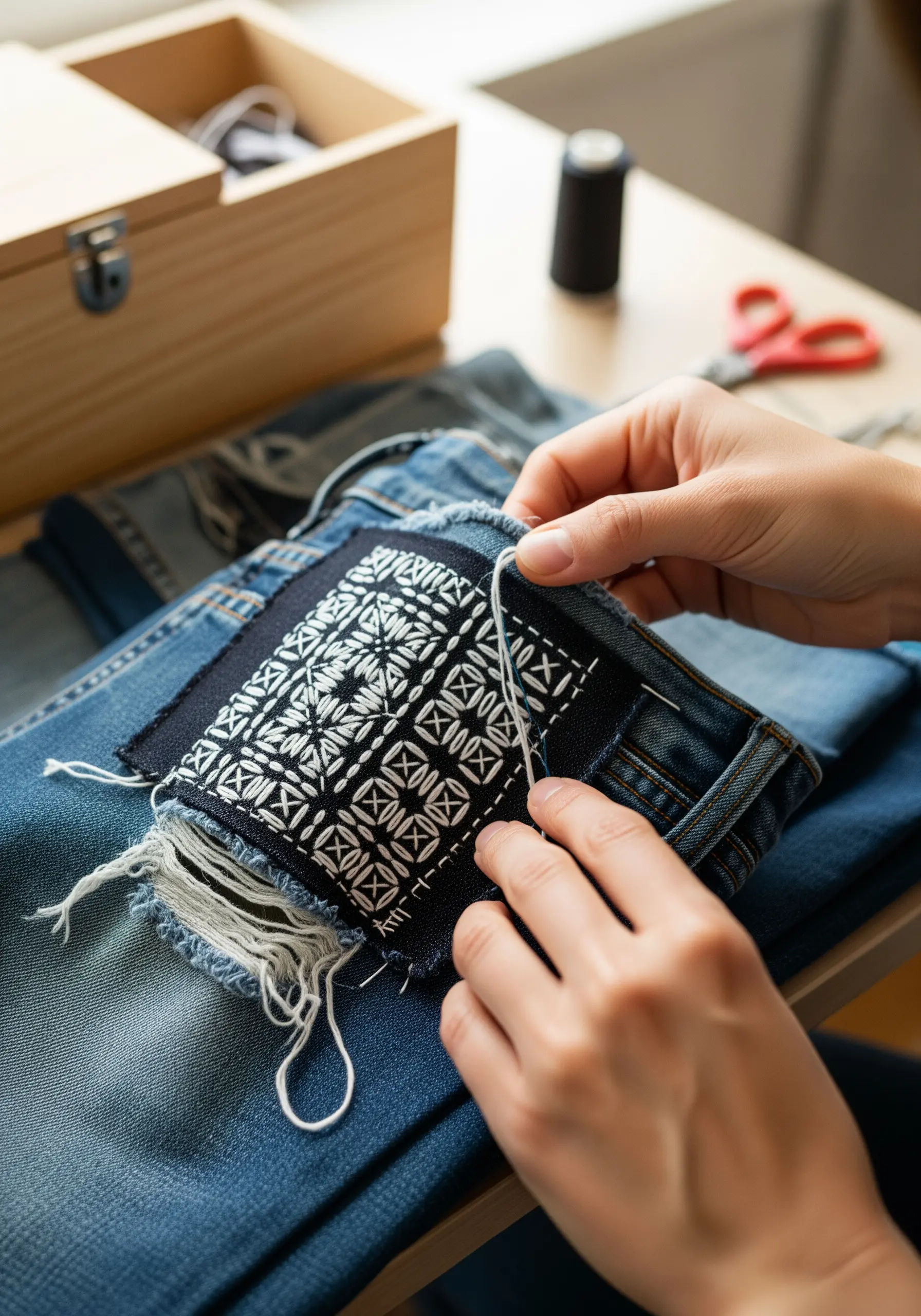 A person's hands performing visible mending on jeans with a geometric Sashiko-style patch.
