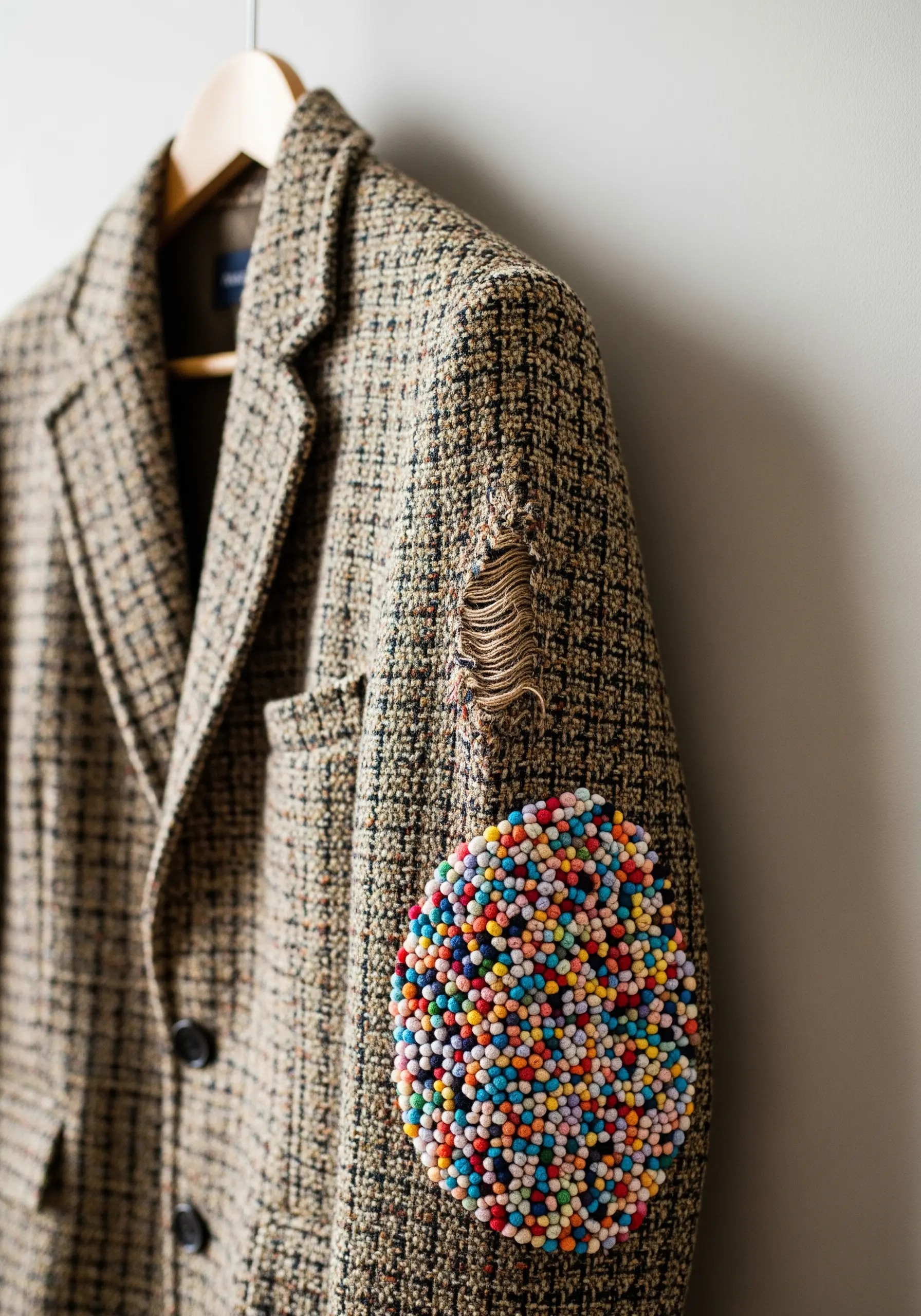 A tweed jacket with a torn elbow repaired with a colorful, densely beaded patch.
