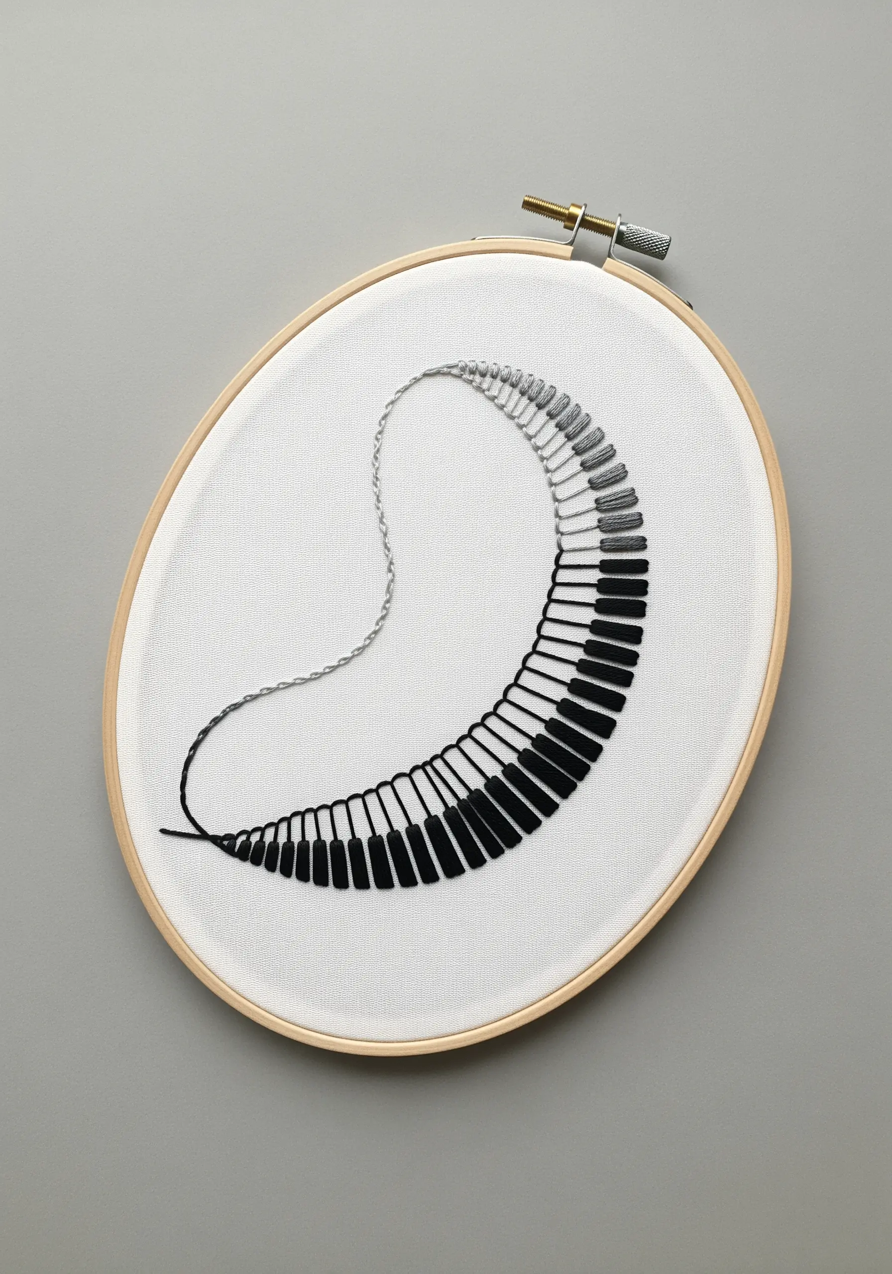 Embroidery of piano keys arranged in a surreal, flowing crescent shape.