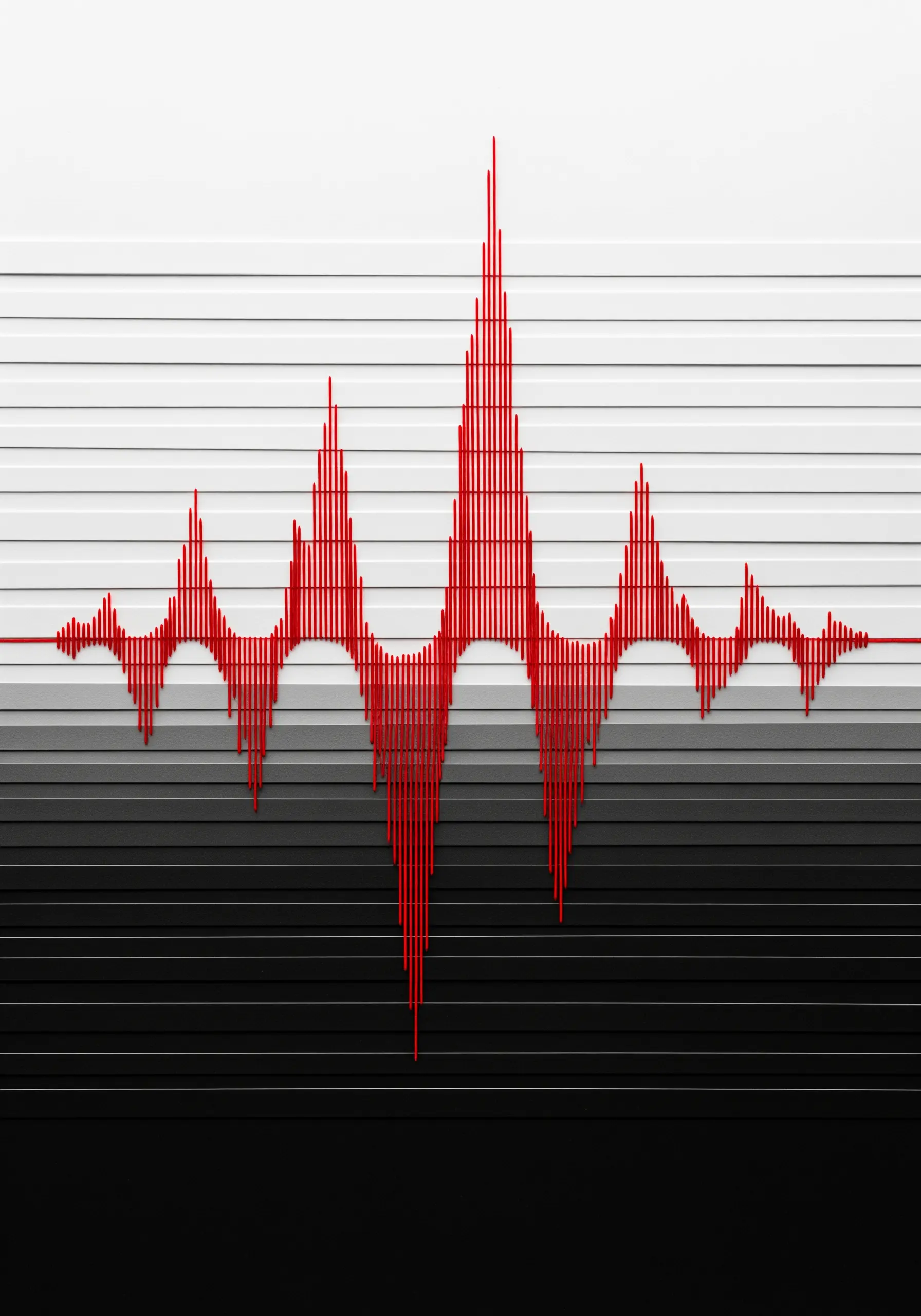 A soundwave pattern created with dense vertical red stitches on a gradient background.