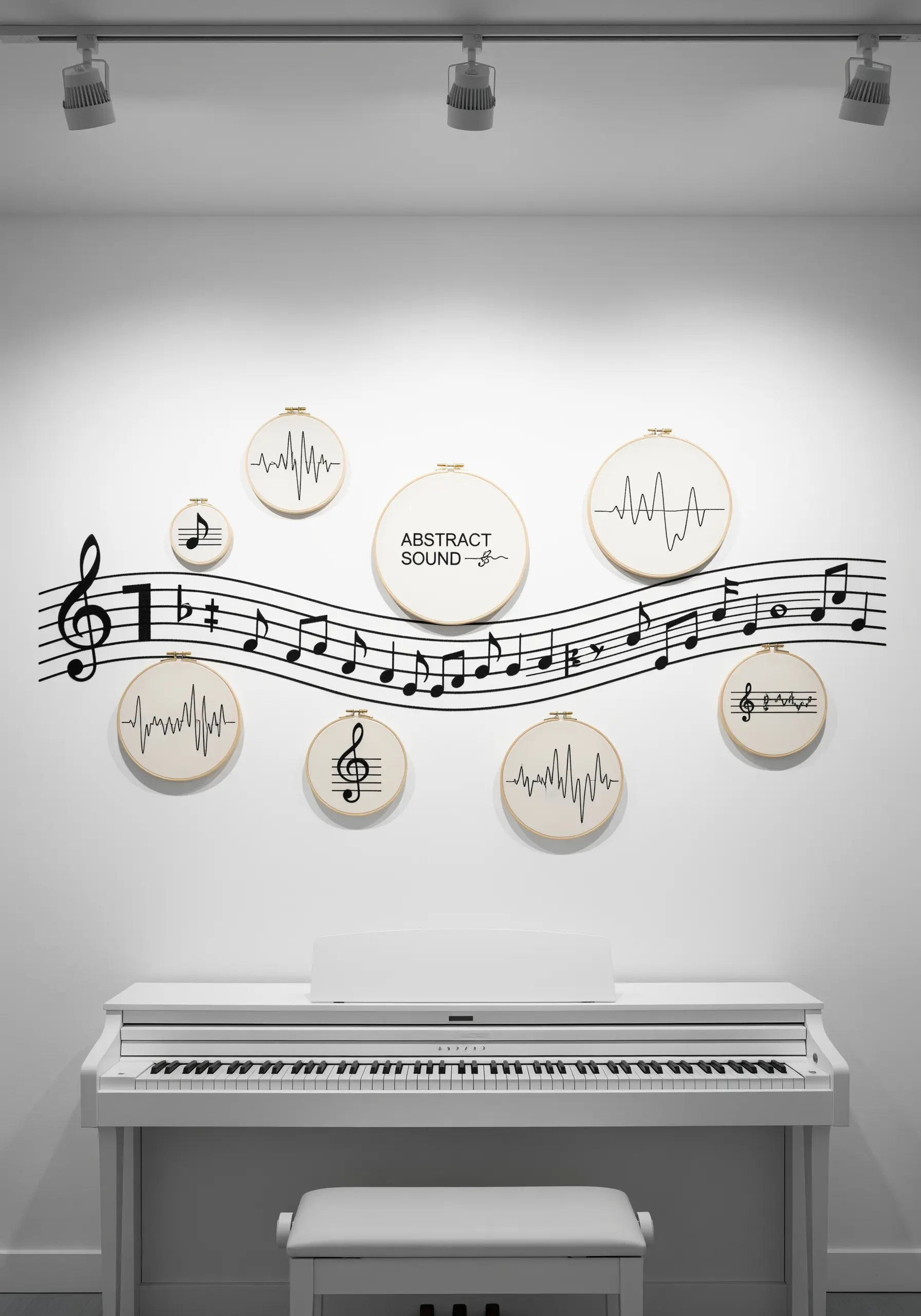 Embroidered hoops with musical notes and sound waves arranged over a piano.
