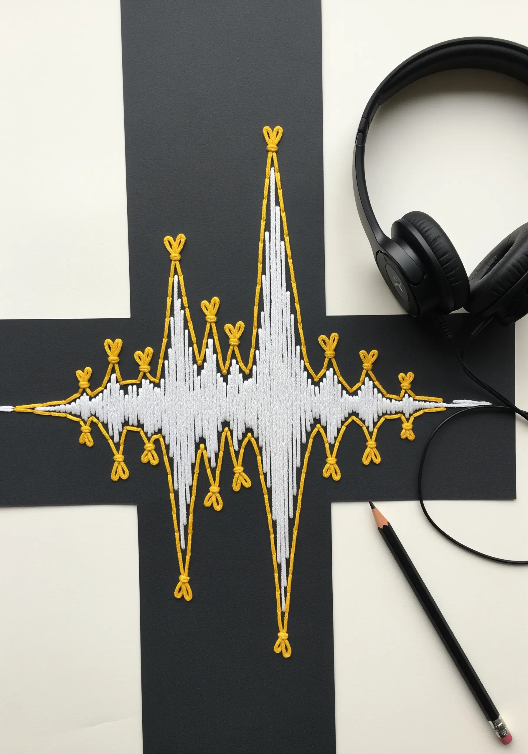 An embroidered sound wave in white and yellow thread on black and white paper.
