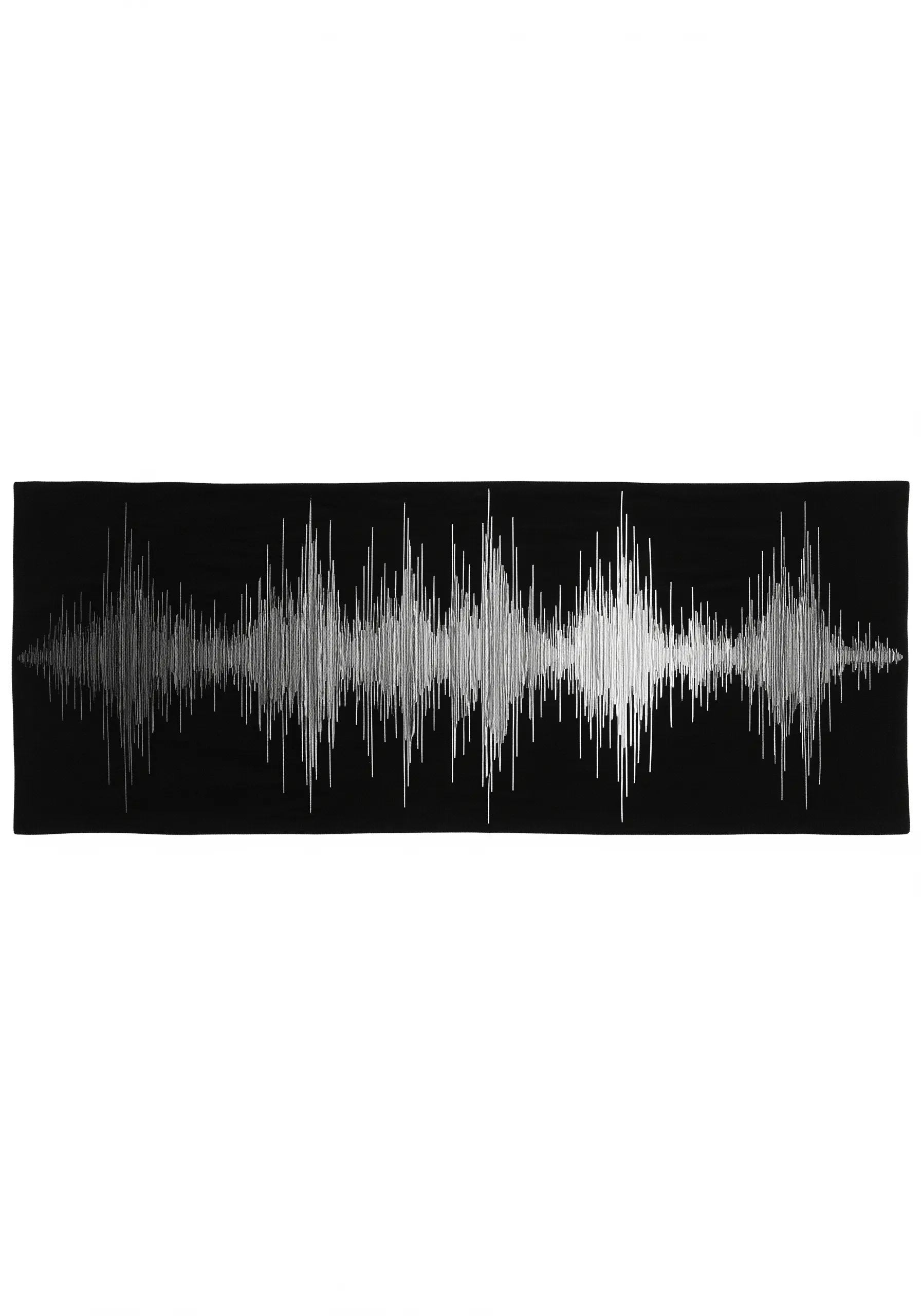A long, rectangular piece of black fabric embroidered with a silver metallic soundwave pattern.