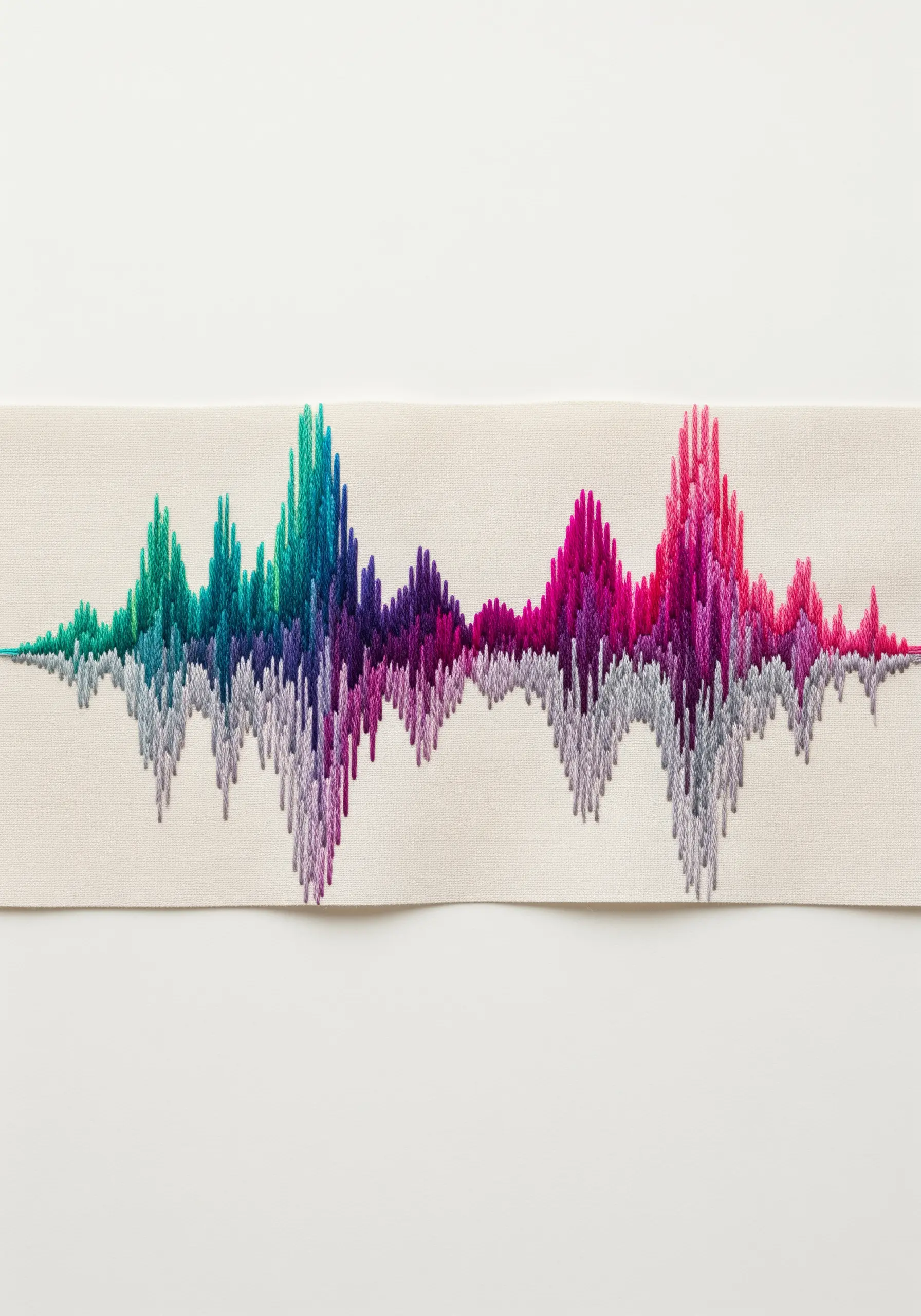 A colorful soundwave embroidered with vertical satin stitches in a seamless gradient.