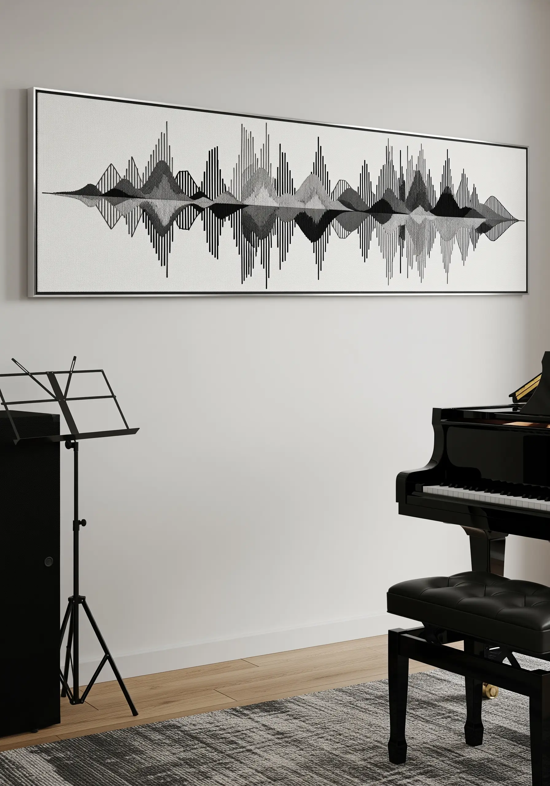 A long, panoramic embroidery of a soundwave in black and grey.