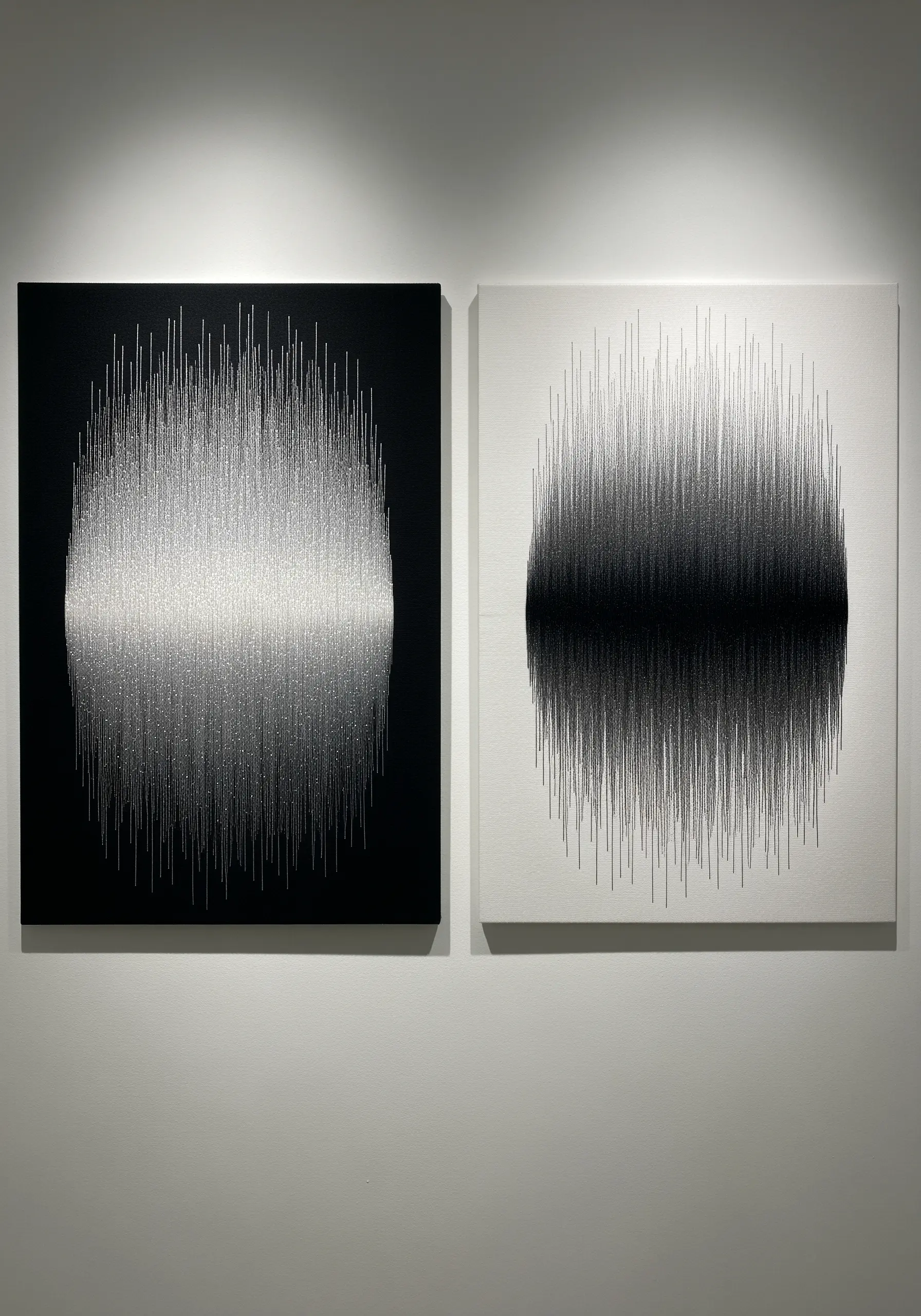 Two canvases, one black and one white, with embroidered soundwave patterns in reverse colors.