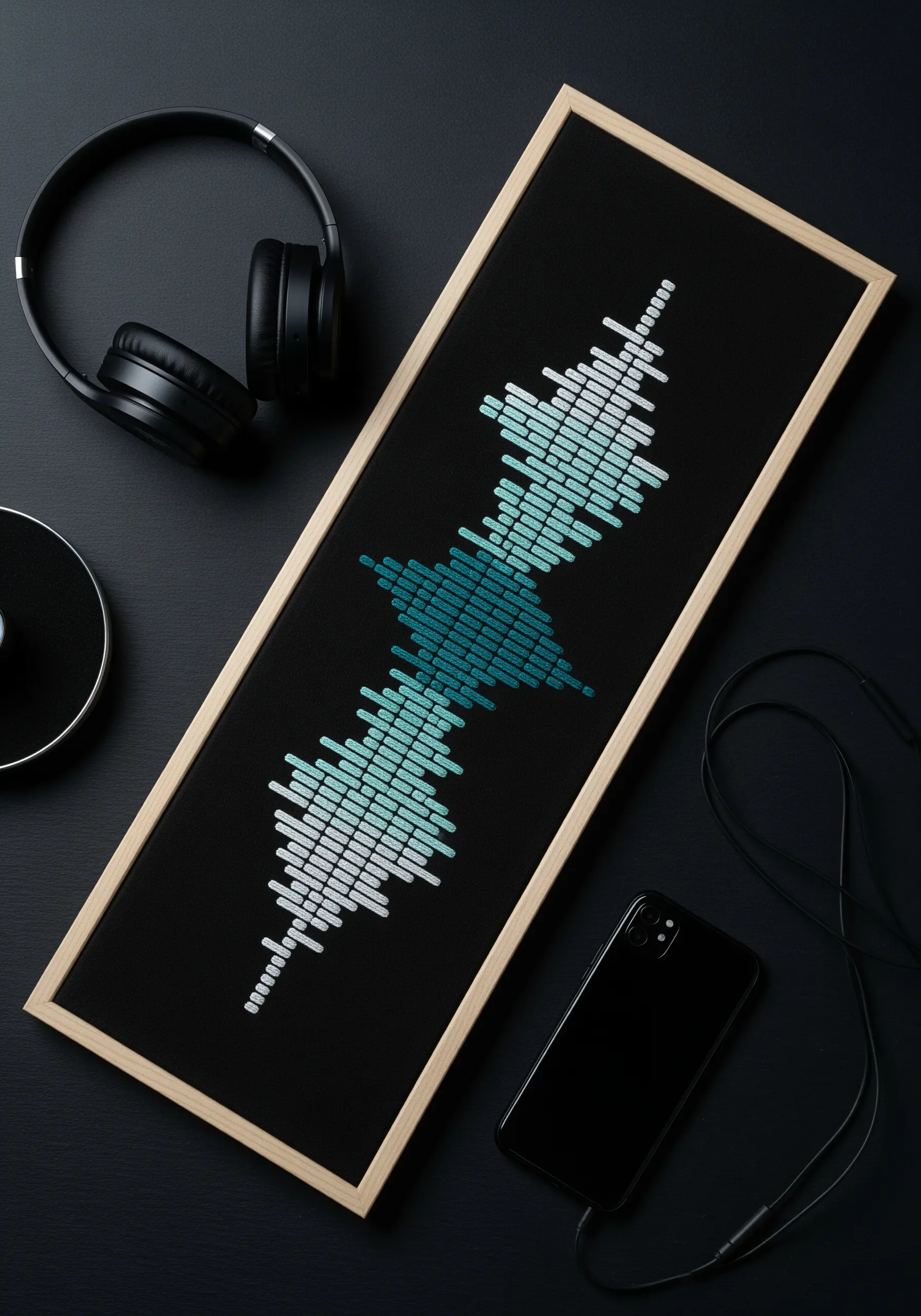 A soundwave pattern embroidered in a pixelated style with a blue-green gradient.
