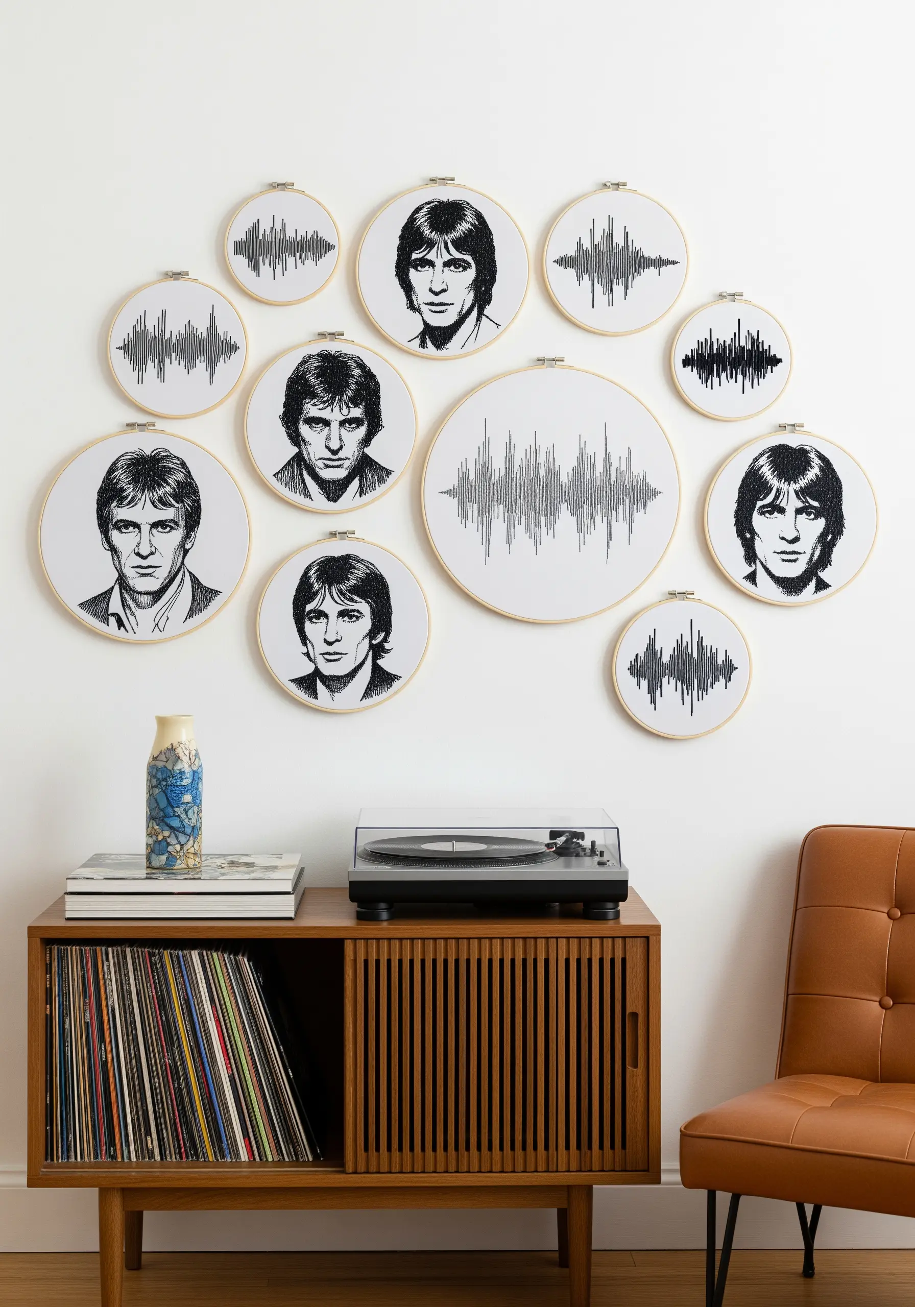 A gallery wall of hoops featuring embroidered portraits and abstract soundwave patterns.
