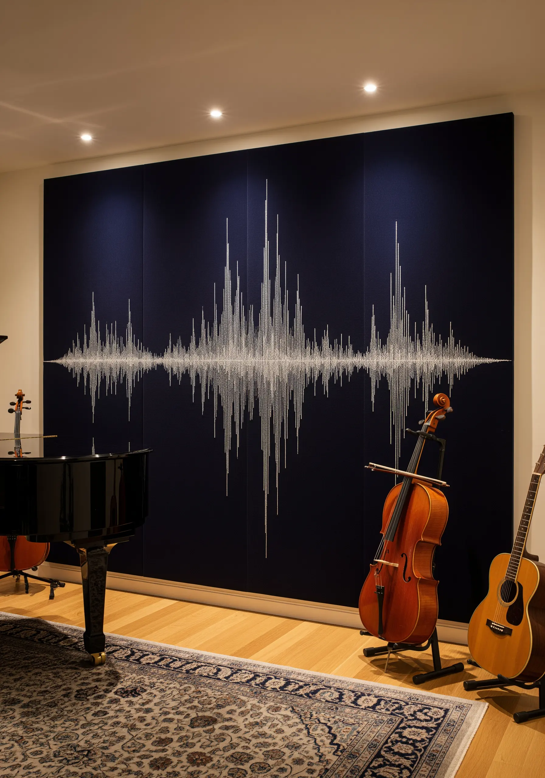 A large, multi-panel wall hanging embroidered with a white soundwave pattern on a dark blue background