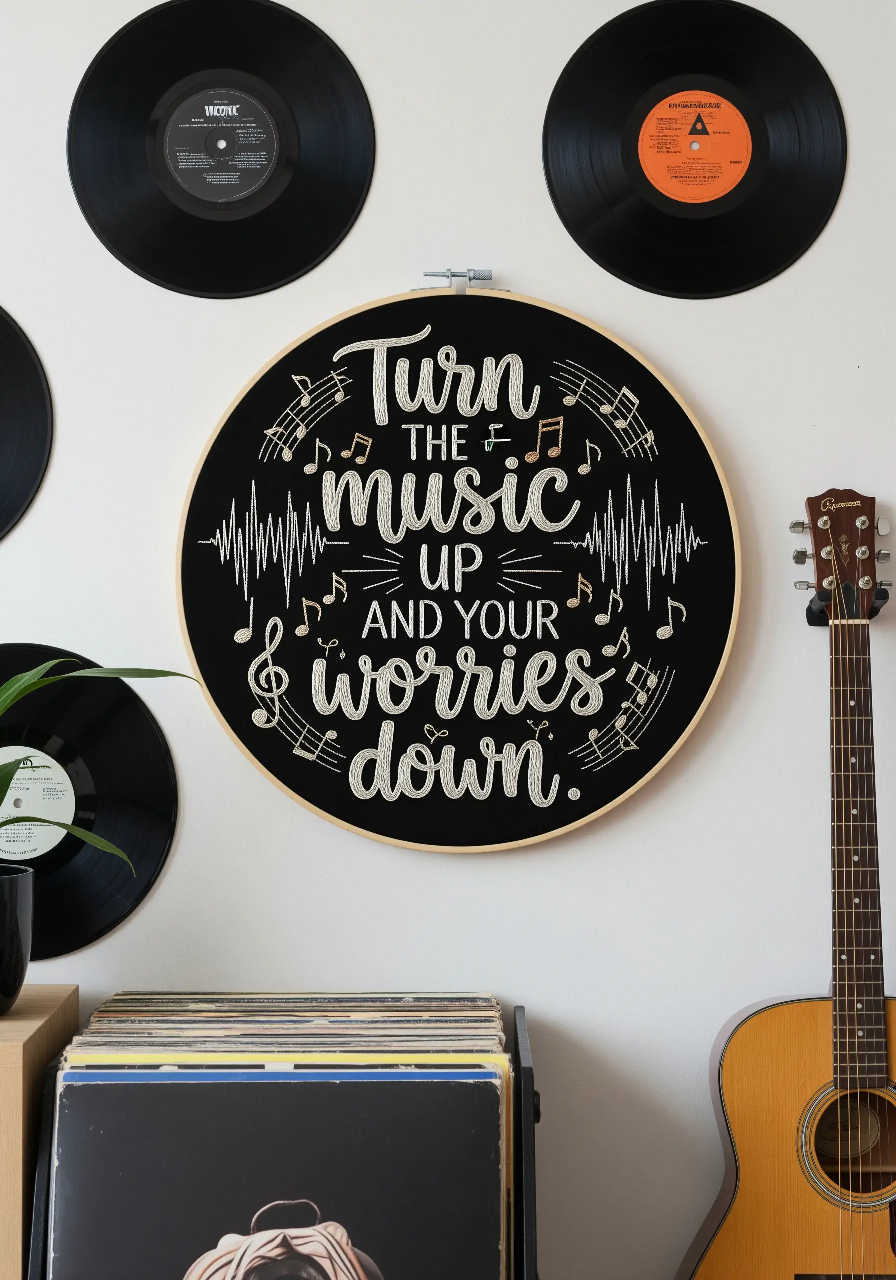 A music-themed quote embroidered in white on black fabric with musical notes.