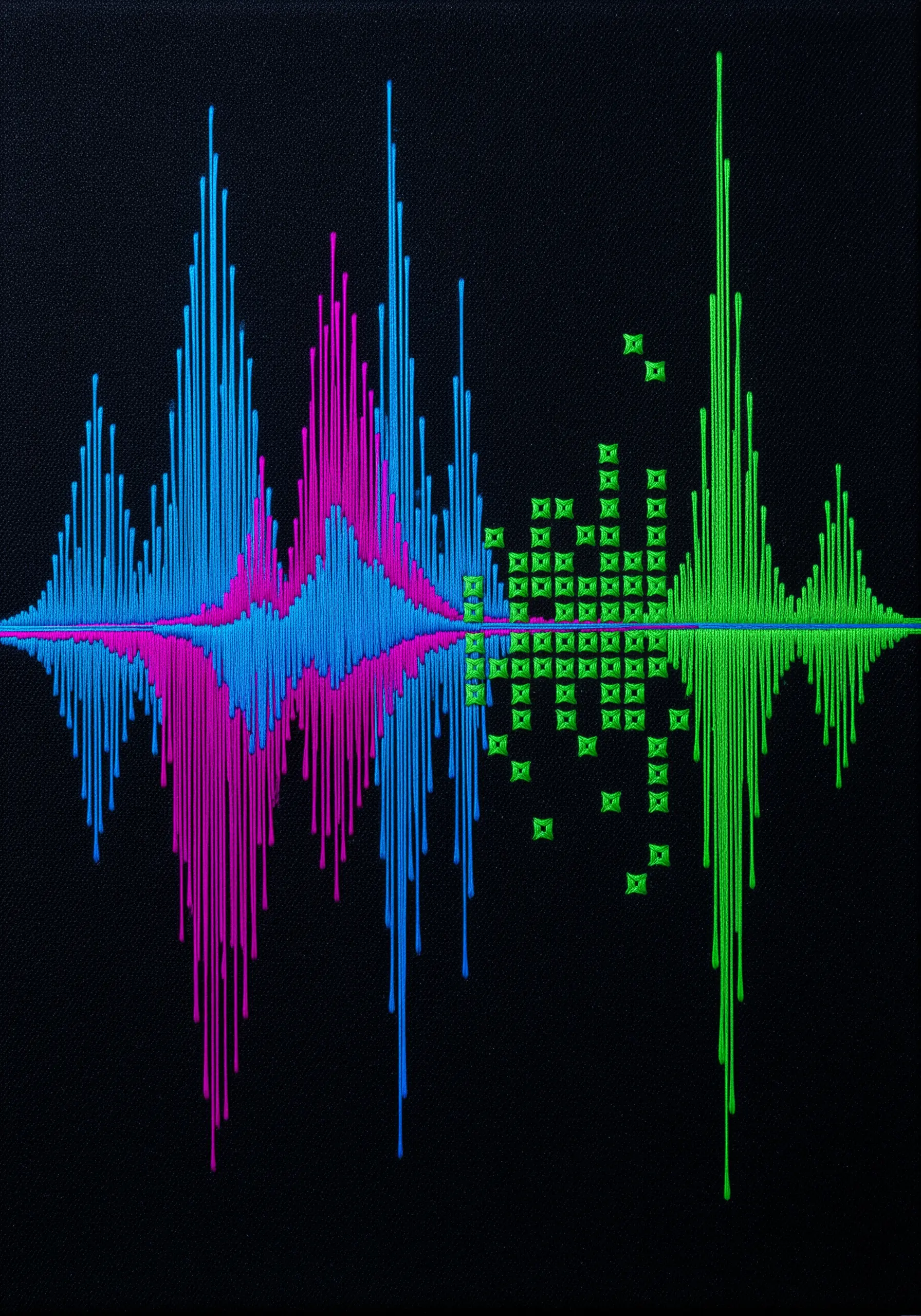 Embroidery of a colorful sound wave in blue, pink, and green on black fabric.