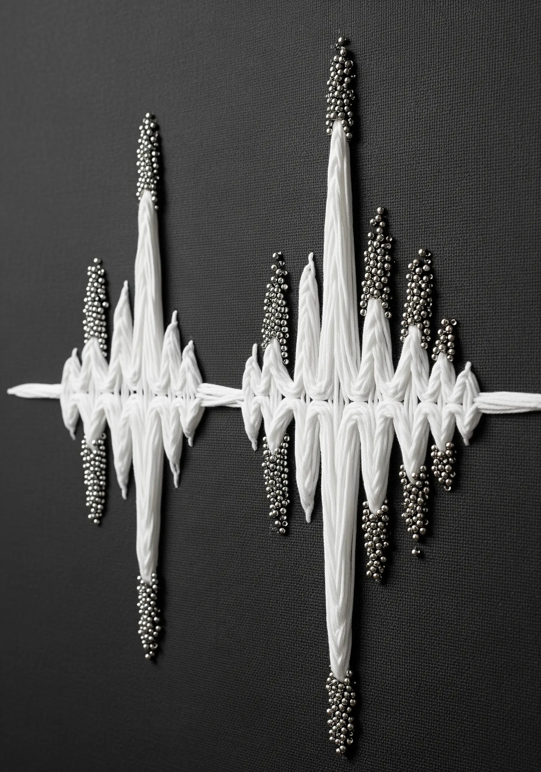 A soundwave design made with wrapped white yarn and metallic beads on a black canvas.
