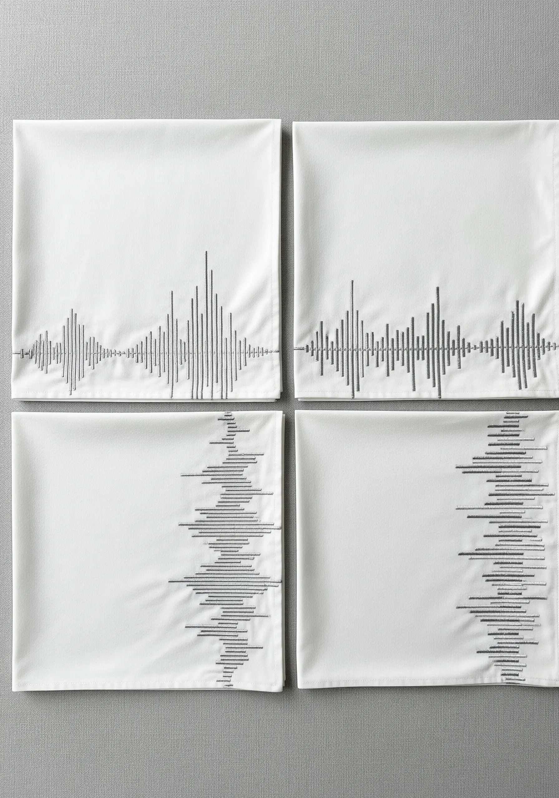 White napkins embroidered with various soundwave patterns in a dark grey metallic thread.
