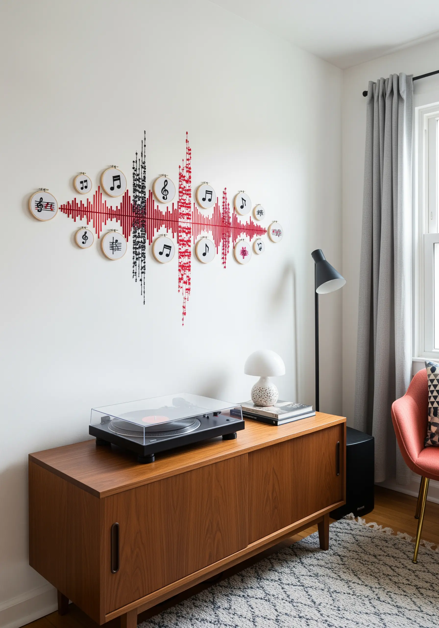 An embroidered sound wave in red and black thread on a wall, surrounded by small hoops of musical notes.