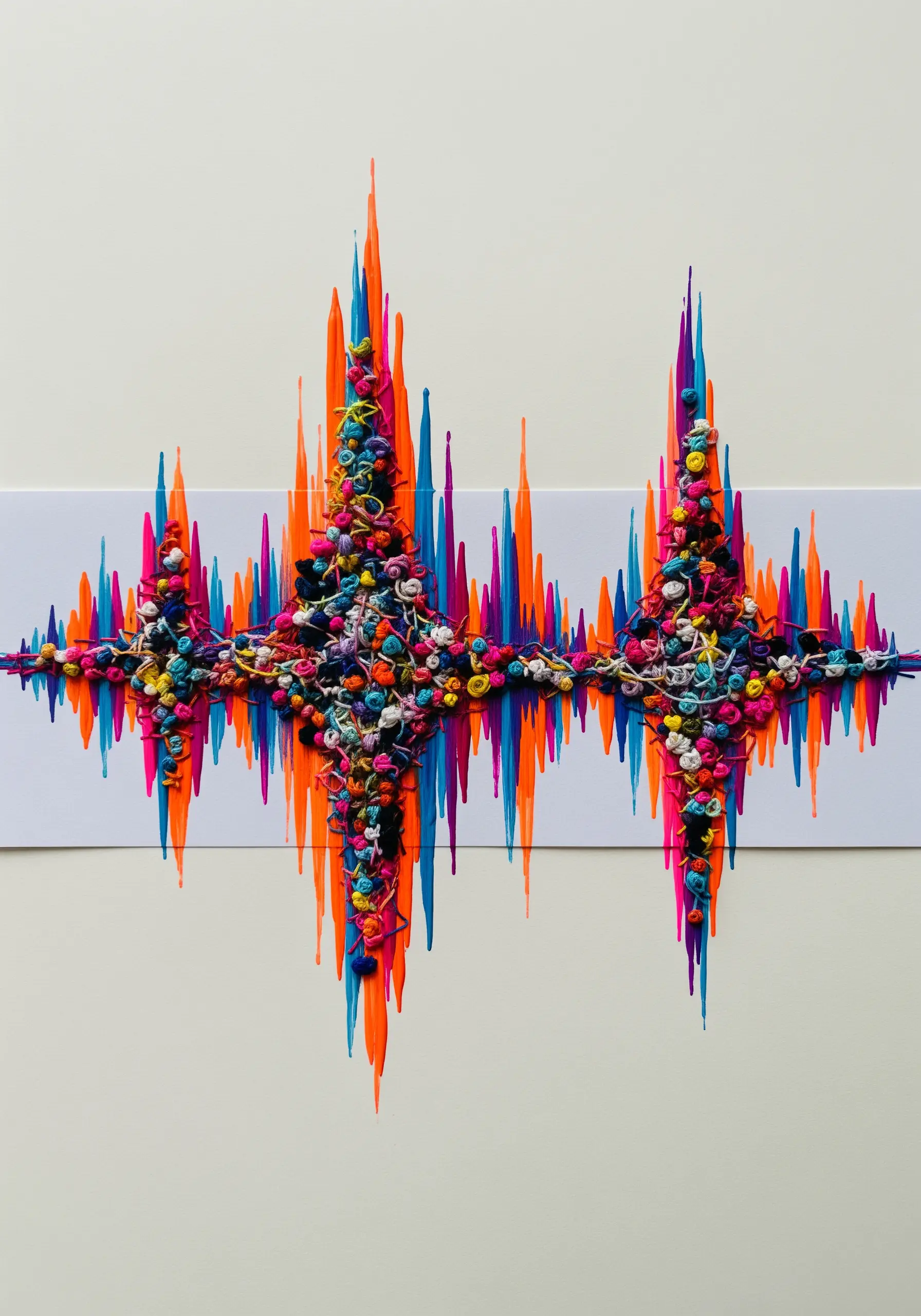 An abstract sound wave made from colorful paint drips and a dense cluster of knotted threads.