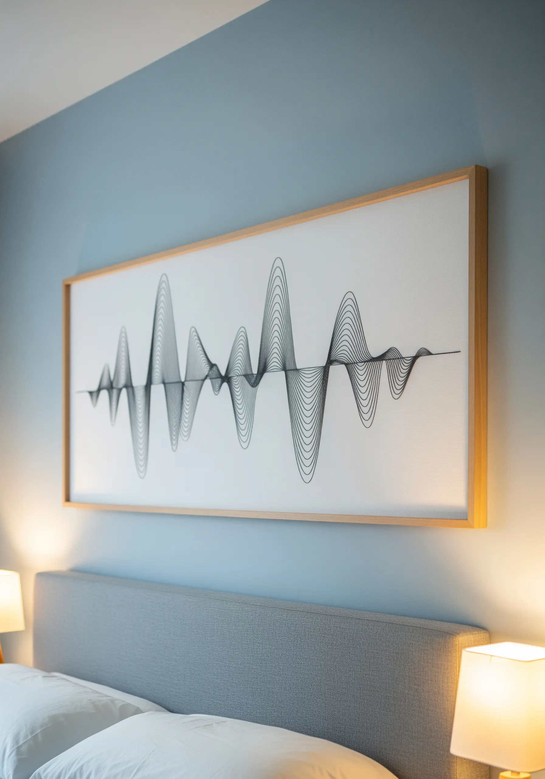 Large framed embroidery of a black soundwave on a white background.