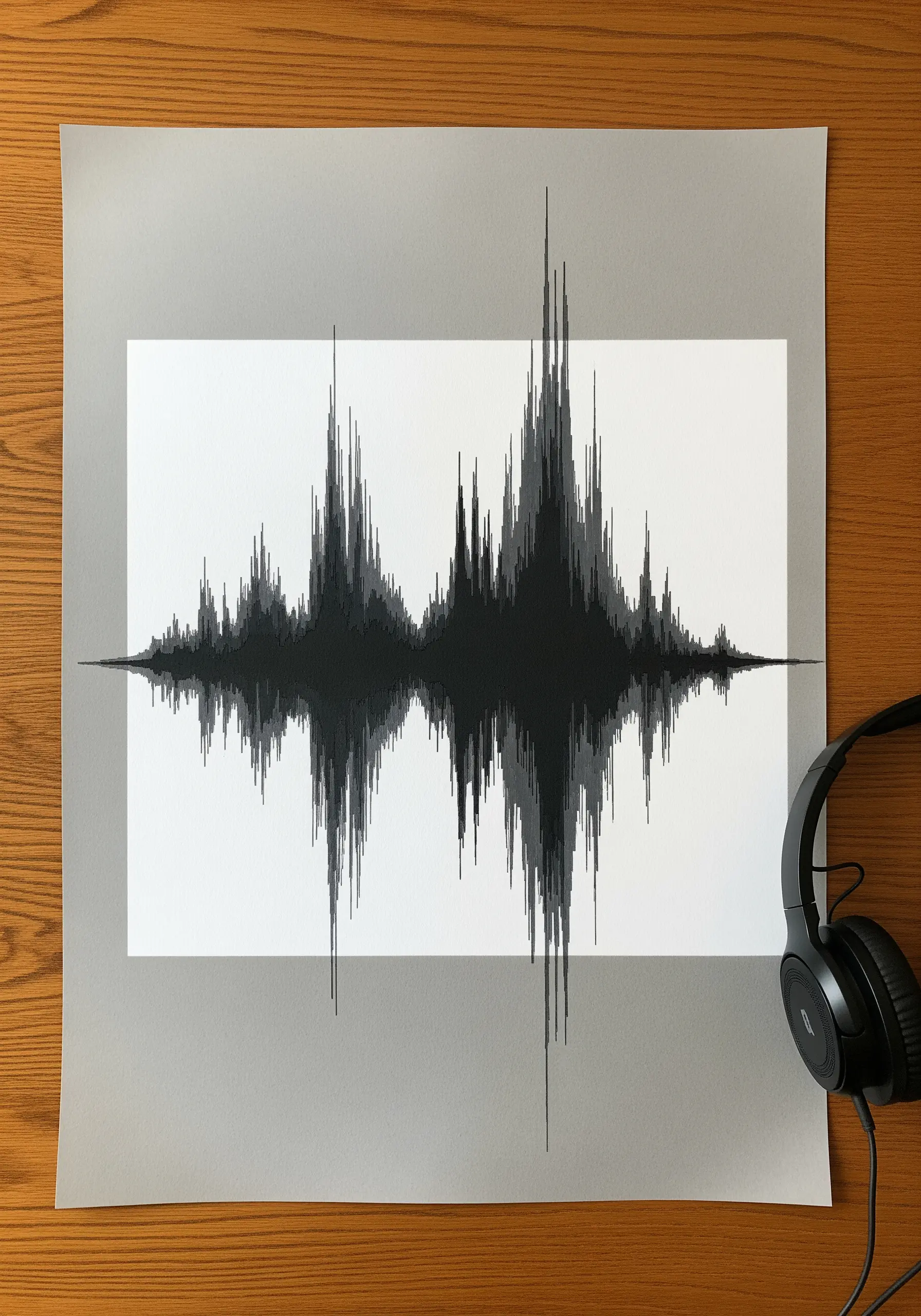 A soundwave depicted in 3D by layering hand-cut pieces of black and grey paper.