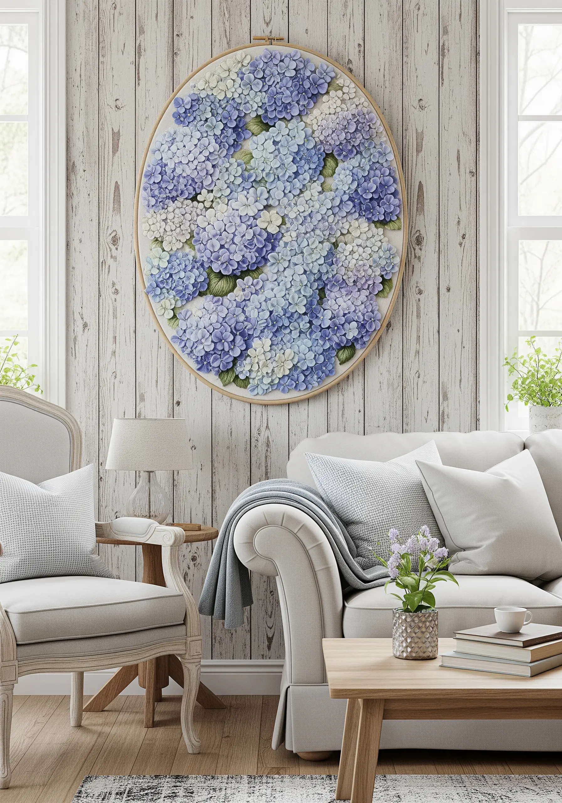 A very large, dense embroidery of blue, purple, and white hydrangea flowers filling a round hoop.