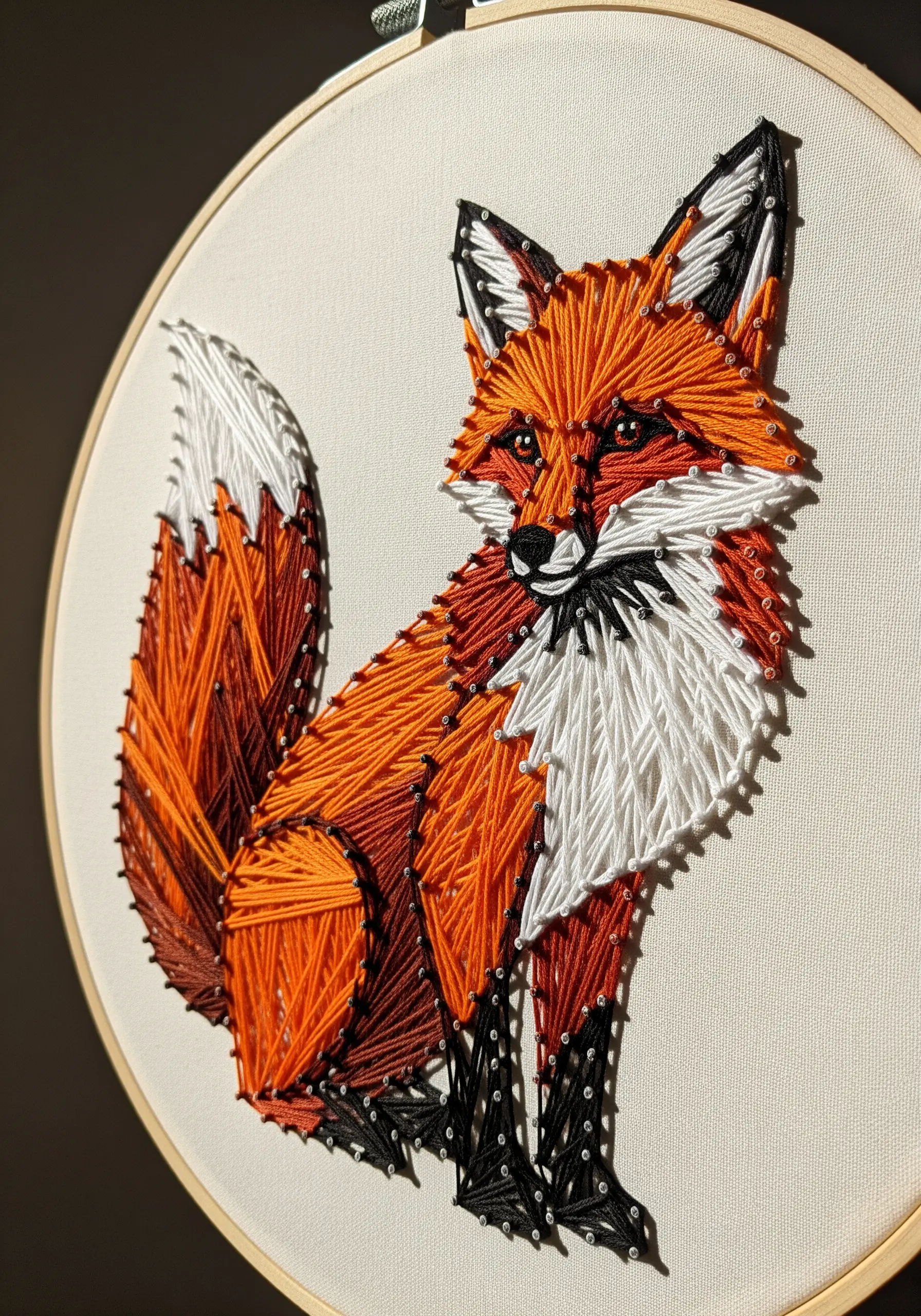 String art embroidery of a fox in vibrant orange, white, and black threads in a wooden hoop.