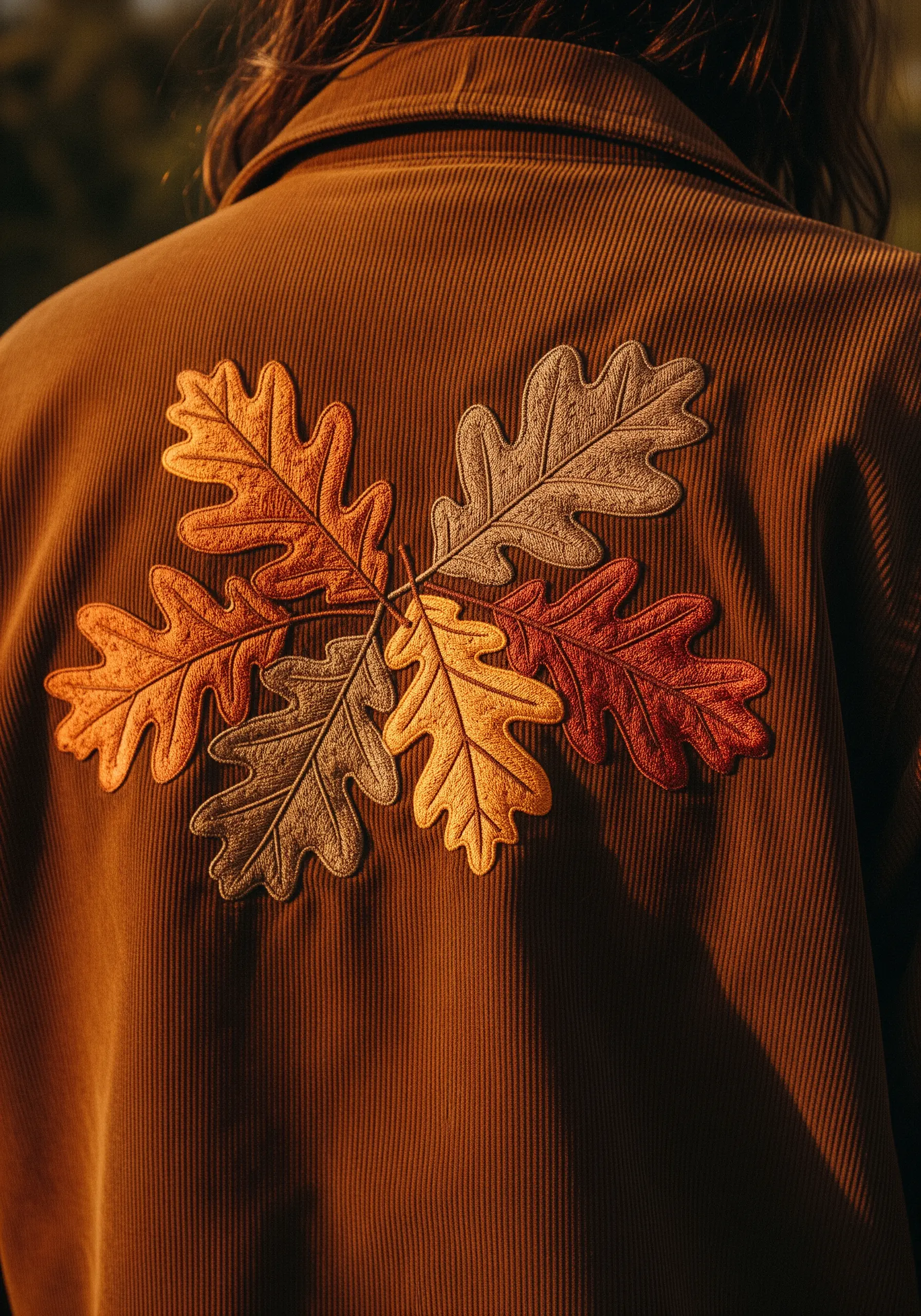 A cluster of embroidered oak leaves in autumn colors on brown corduroy.
