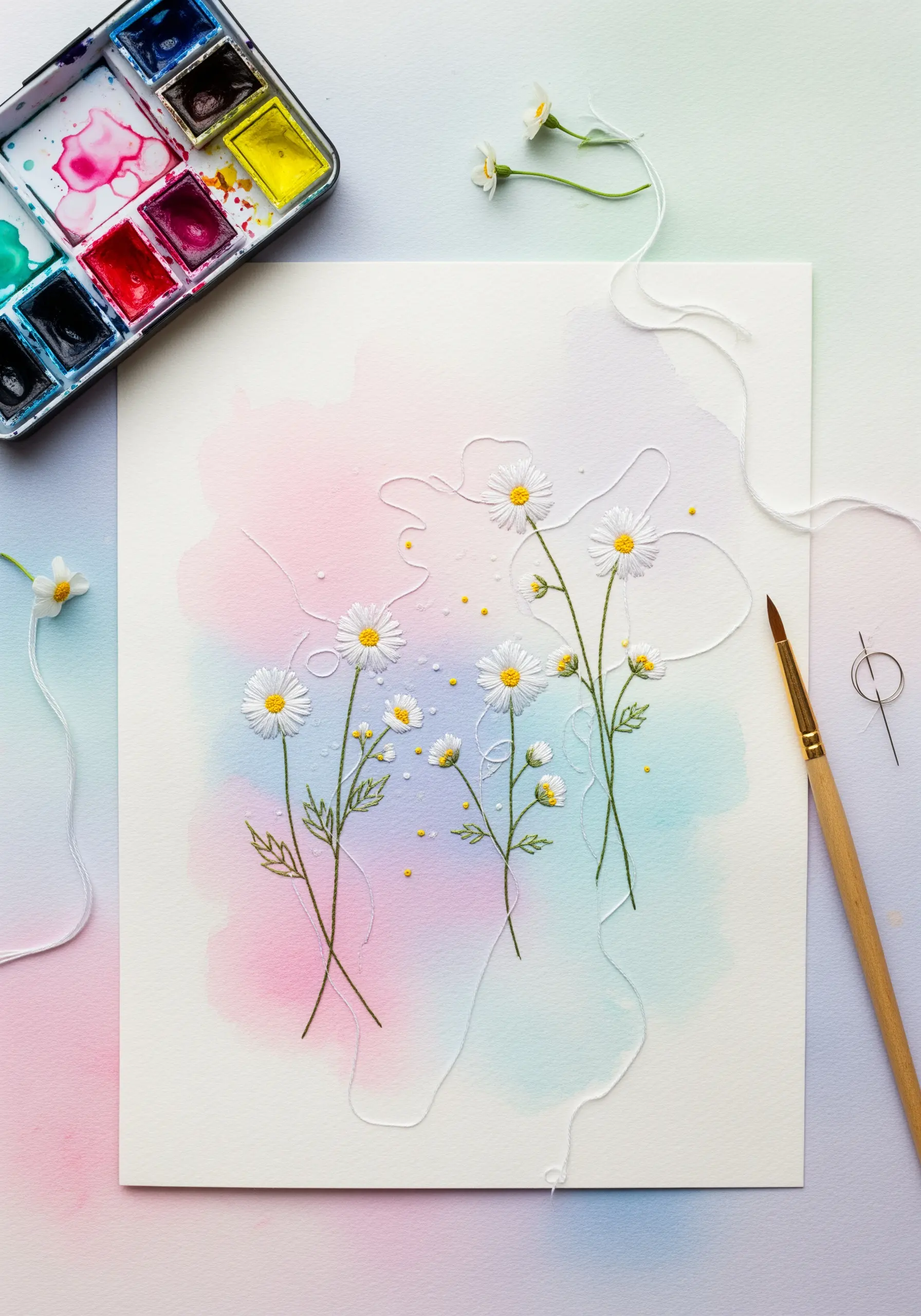 Dainty white daisies embroidered on paper with a soft pink and blue watercolor background.