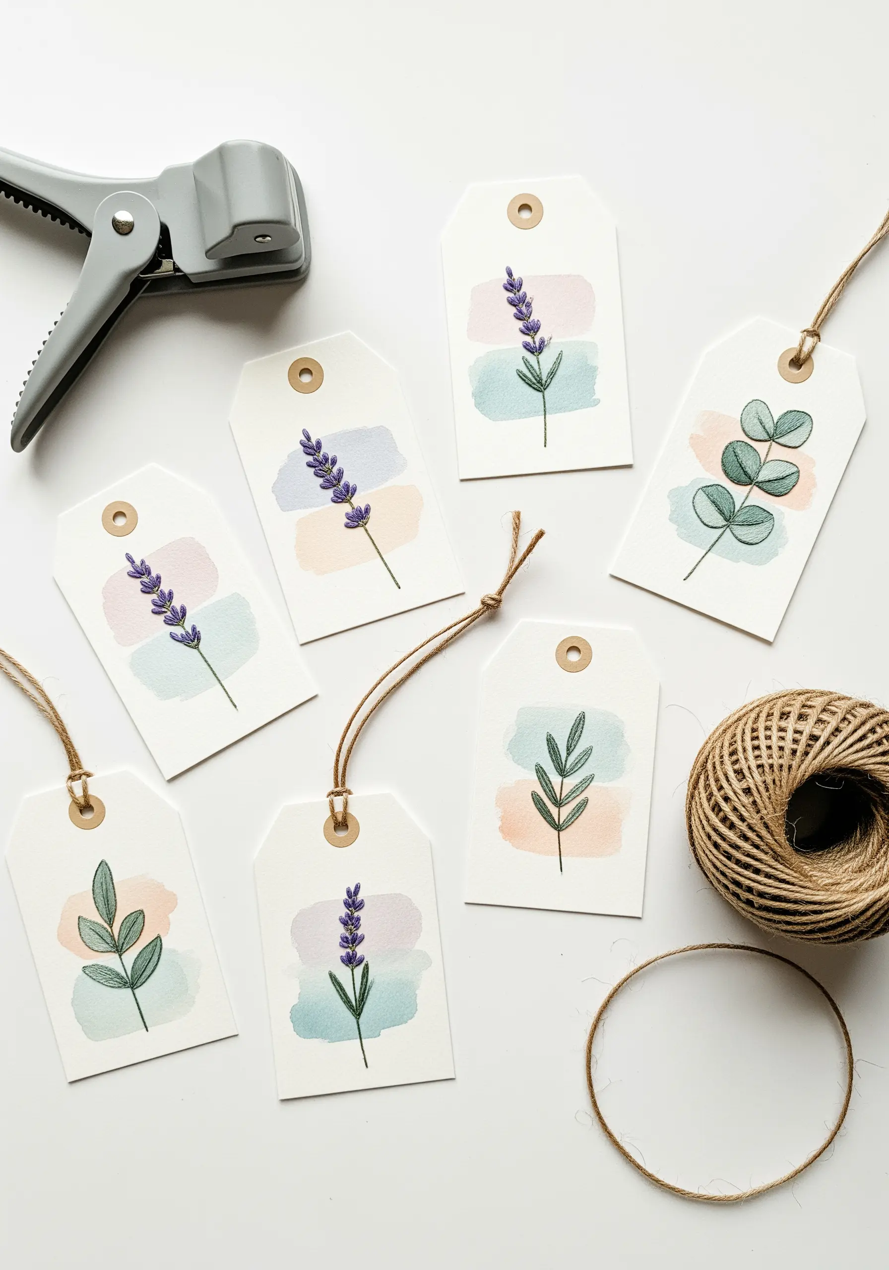 Gift tags with watercolor swatches and simple botanical line drawings on top.