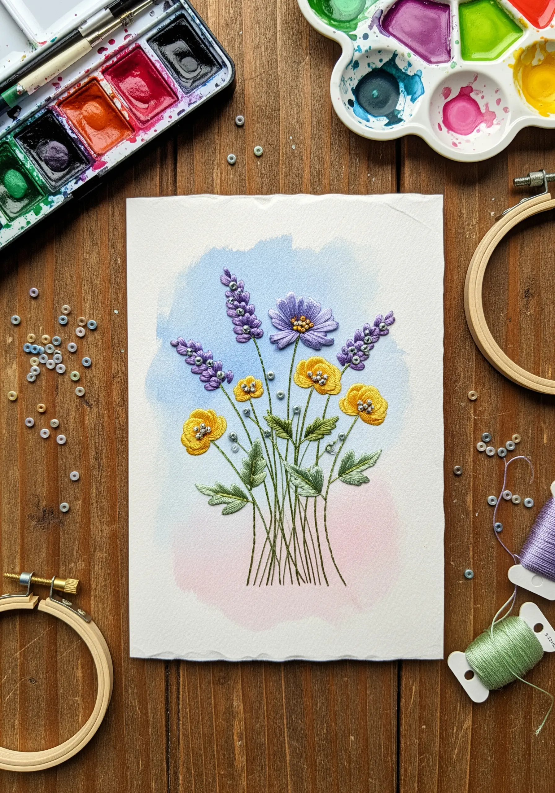 Embroidered lavender and yellow flowers on a watercolor background.