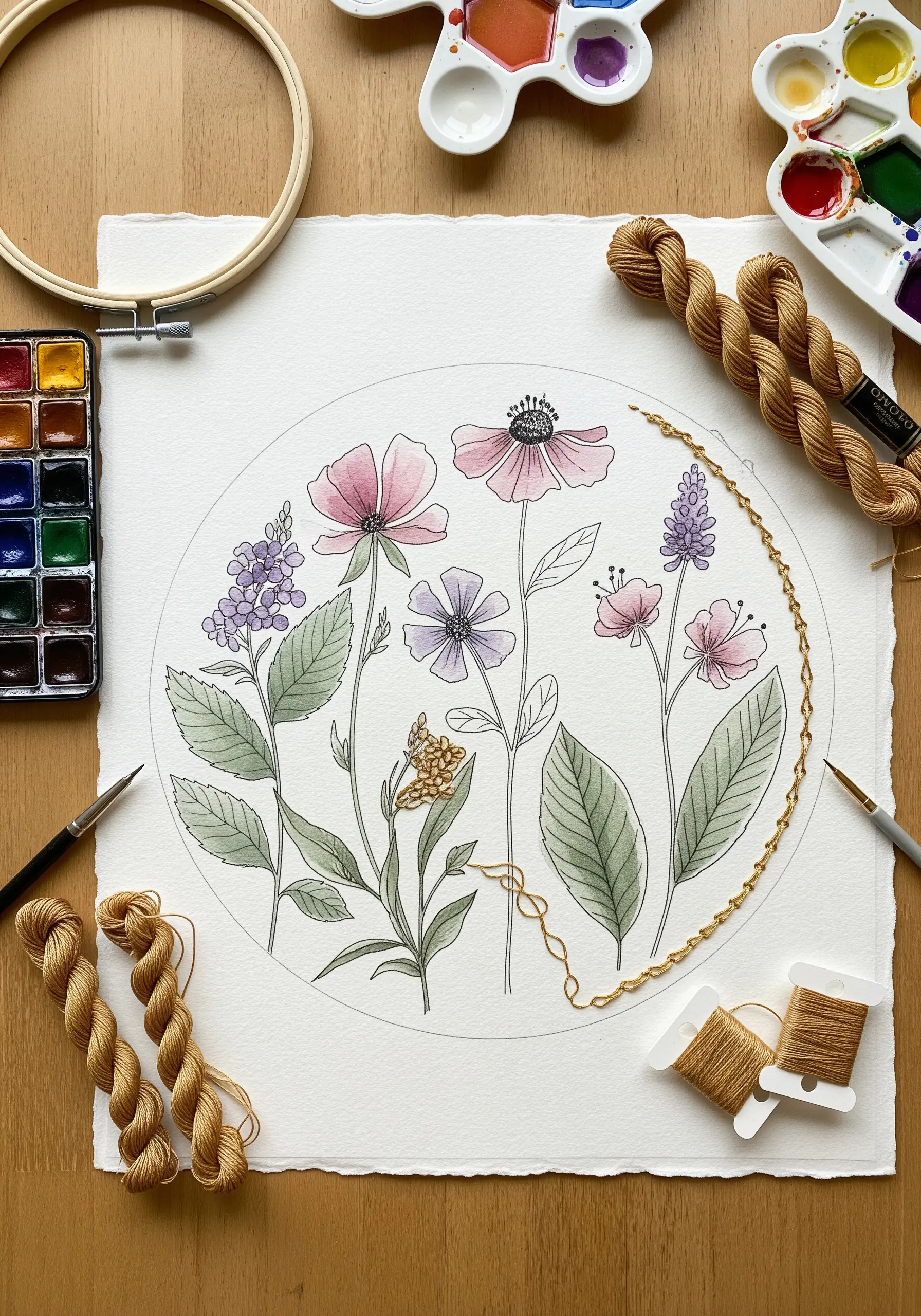 Watercolor flowers on paper with a gold thread backstitch outline.