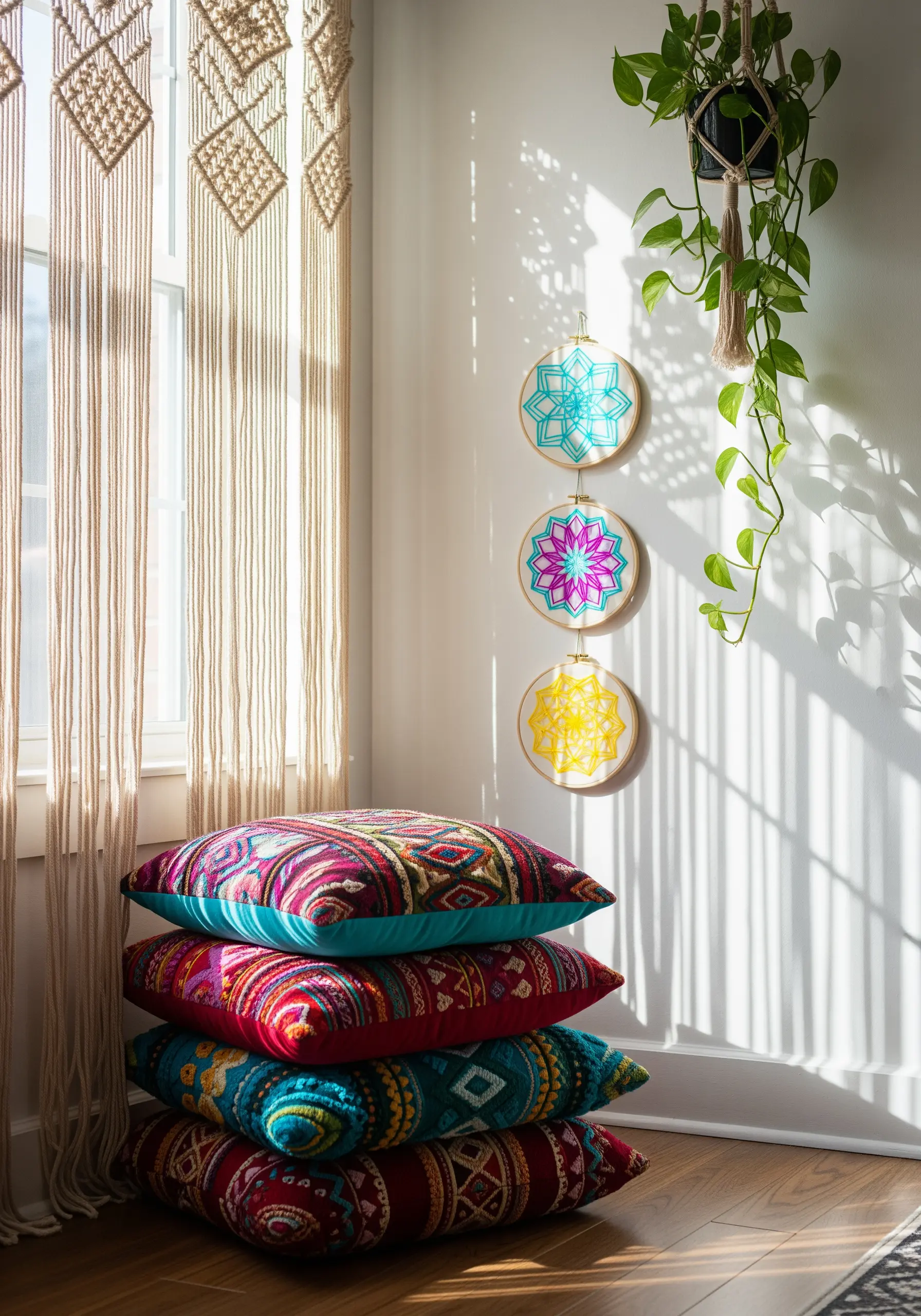 Three colorful mandalas stitched on sheer organza fabric in embroidery hoops.